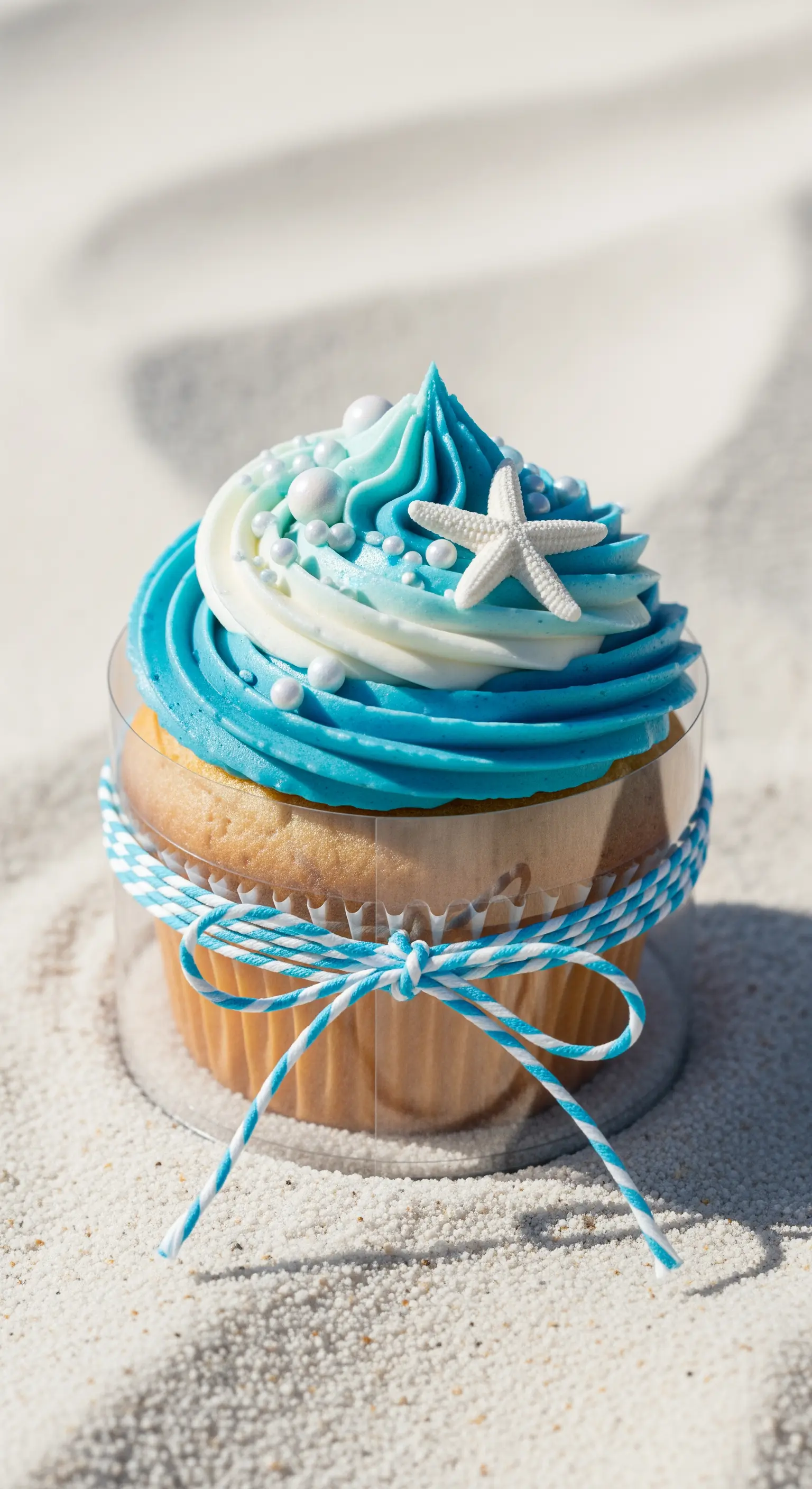 Cupcake con glassa a tema onde del mare e una stella marina, legato con cordoncino blu.