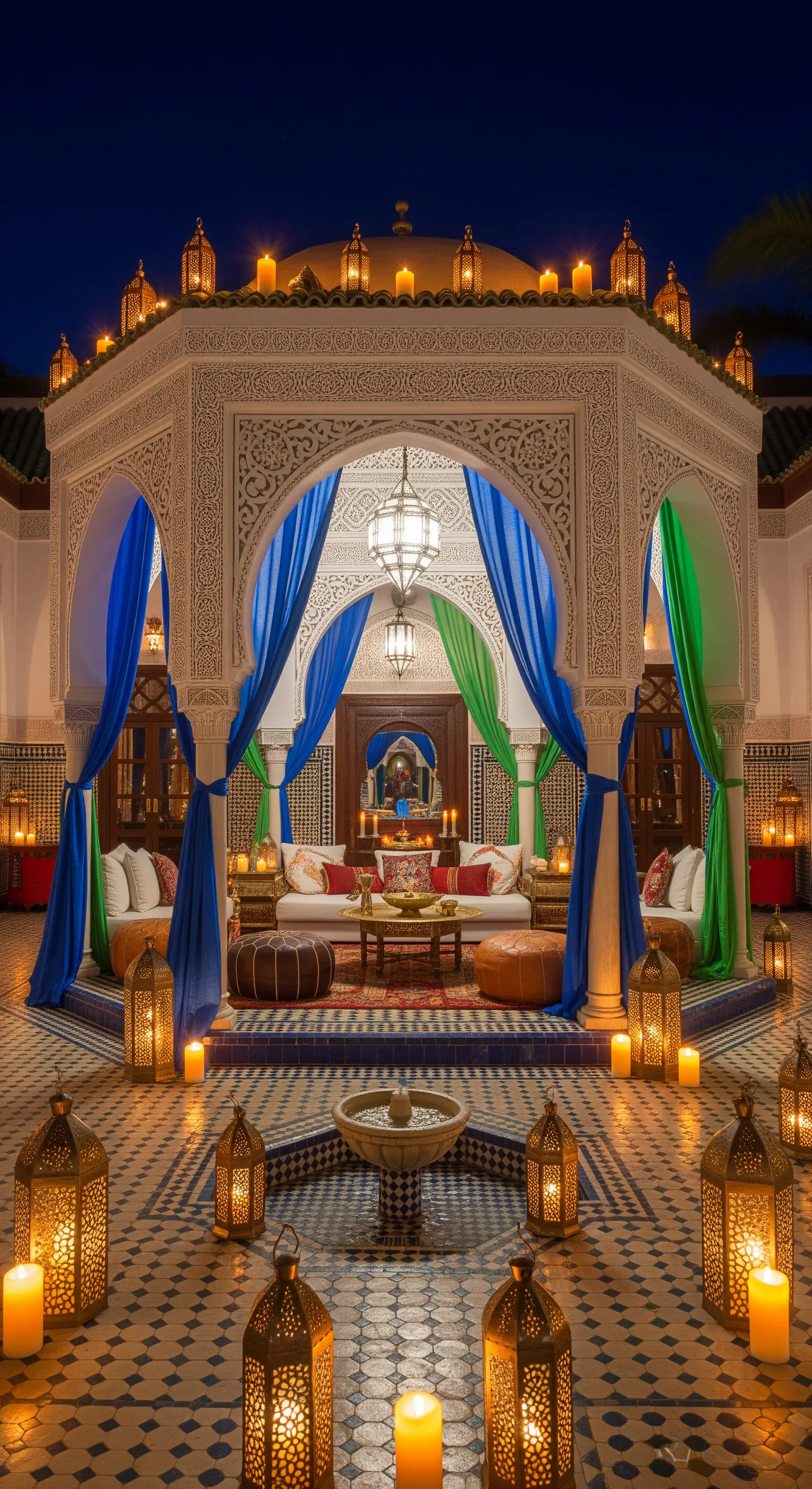 Patio marocchino con gazebo ottagonale, tende colorate, lanterne in metallo e piastrelle a mosaico.