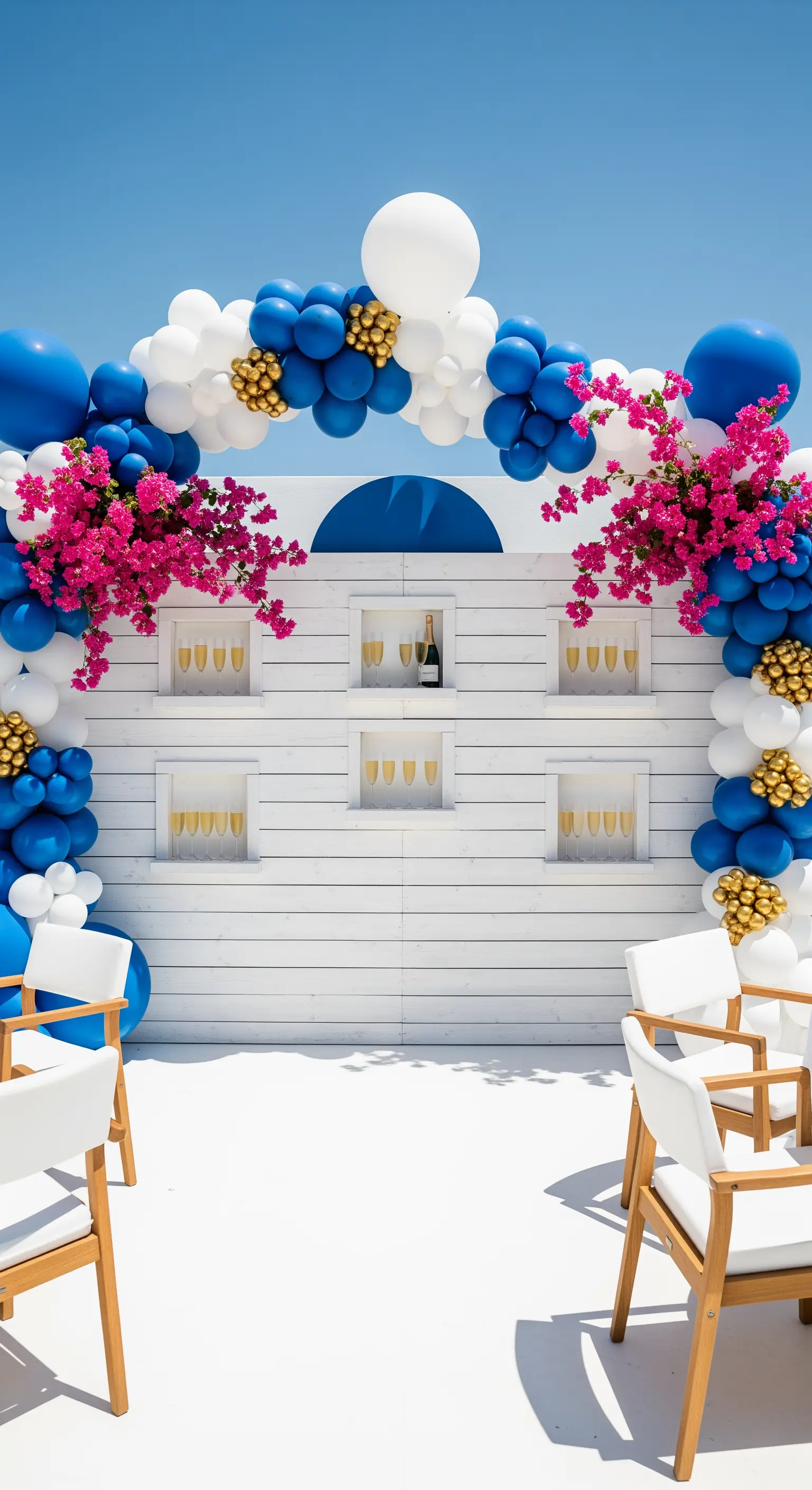 Champagne wall bianco con nicchie, arco di palloncini blu e bianchi e bouganville fucsia.