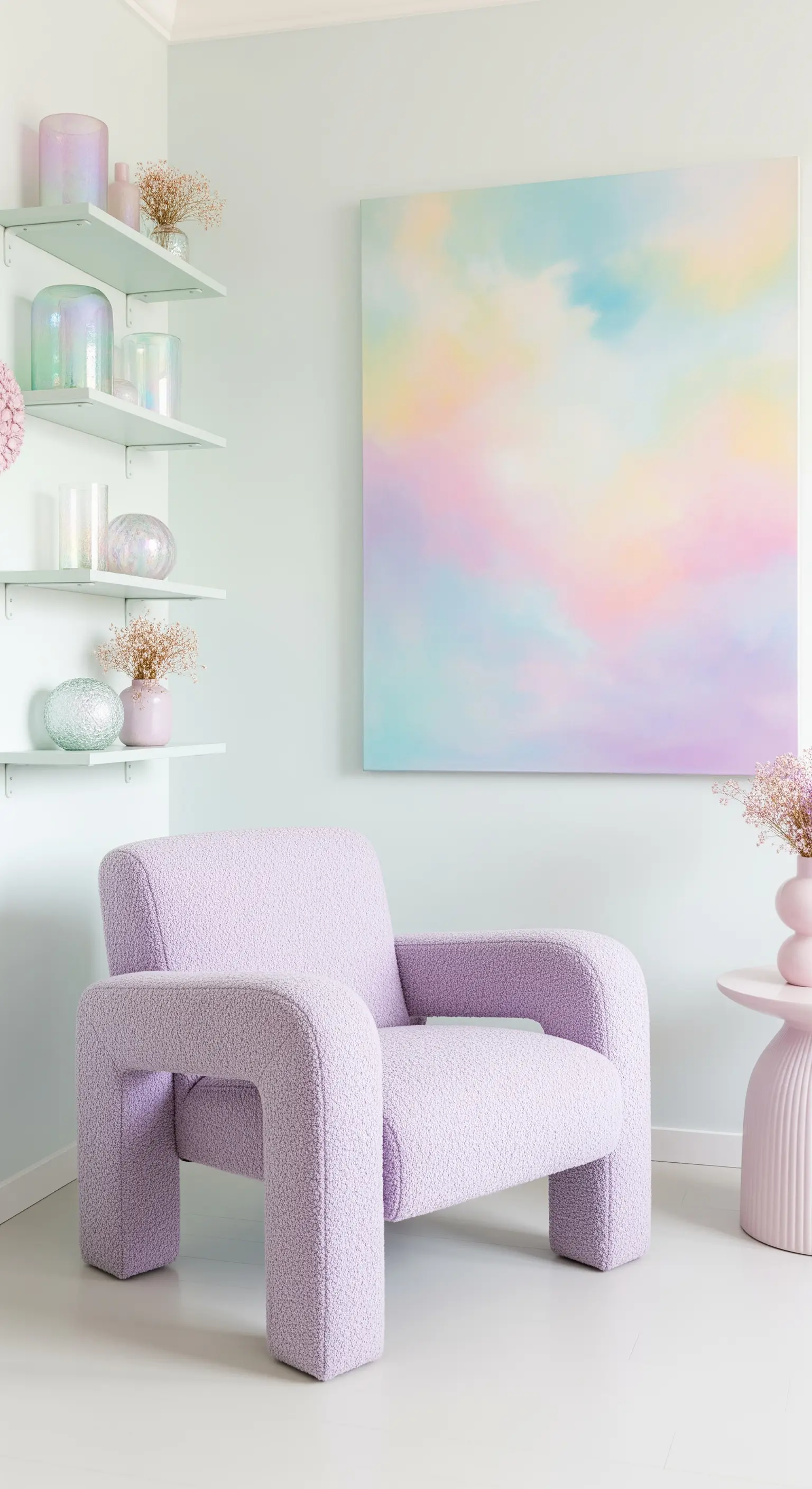 Ambiente pastello con mensole verdi, poltrona lilla e quadro astratto con colori tenui.