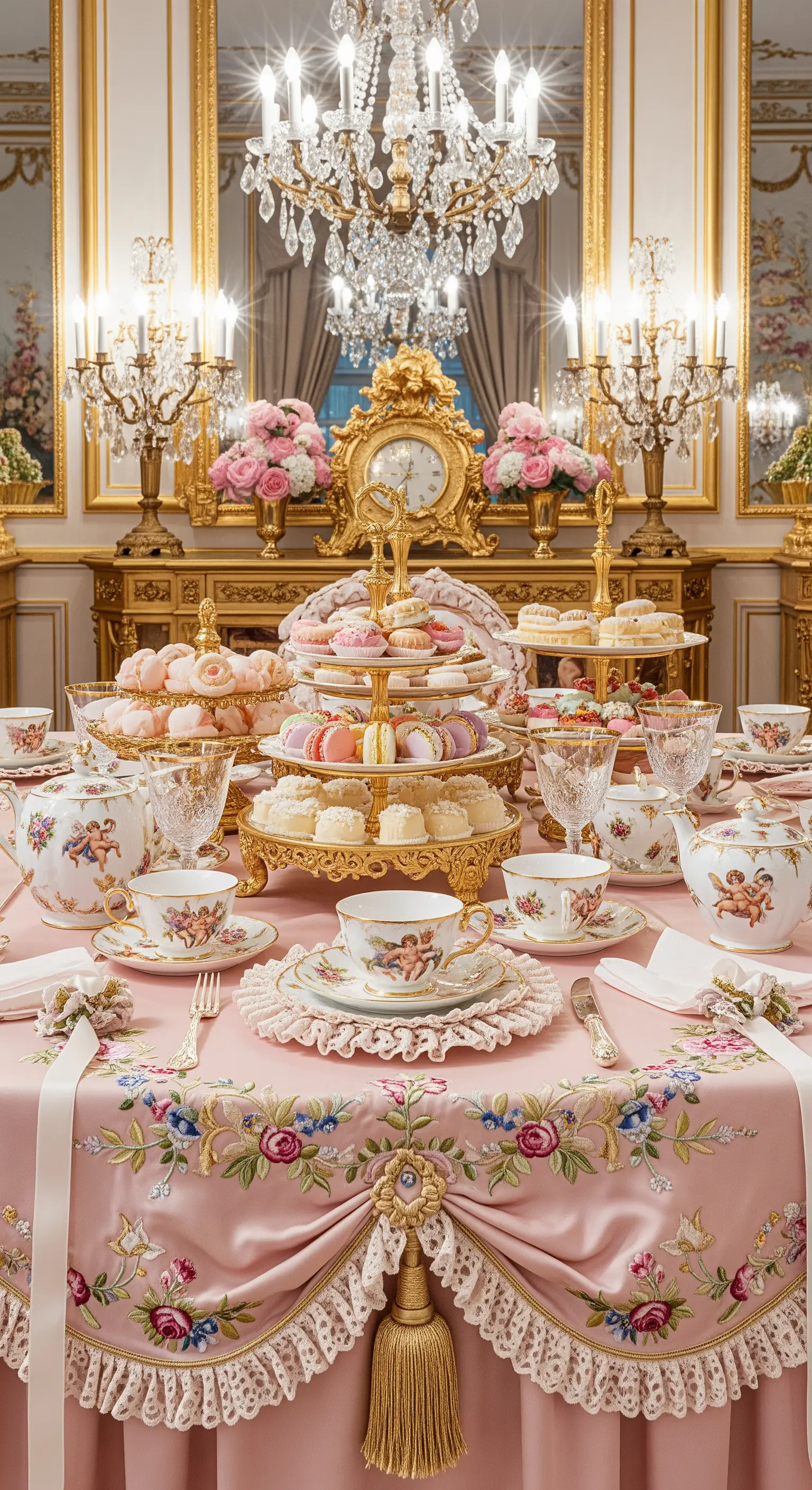 Tavola da tè sfarzosa in stile Maria Antonietta con tovaglia rosa ricamata e dettagli dorati