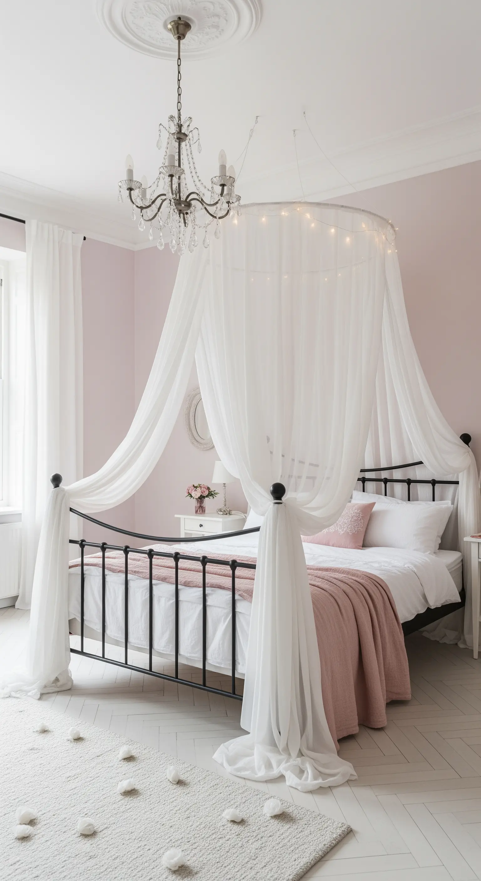 Letto in ferro battuto con un baldacchino di tulle bianco e lucine.