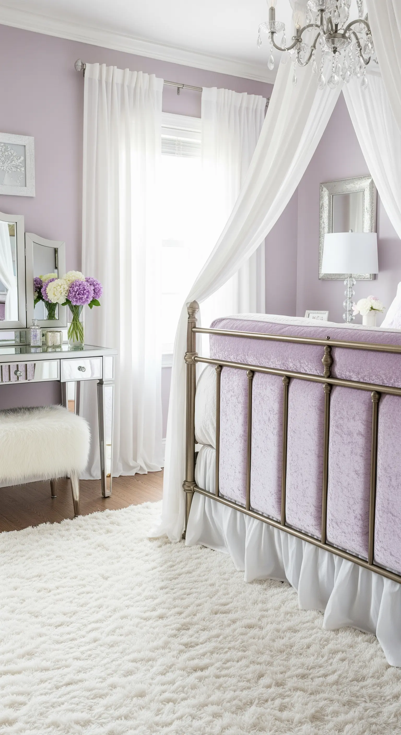Letto in metallo con pediera in velluto lavanda e baldacchino bianco.