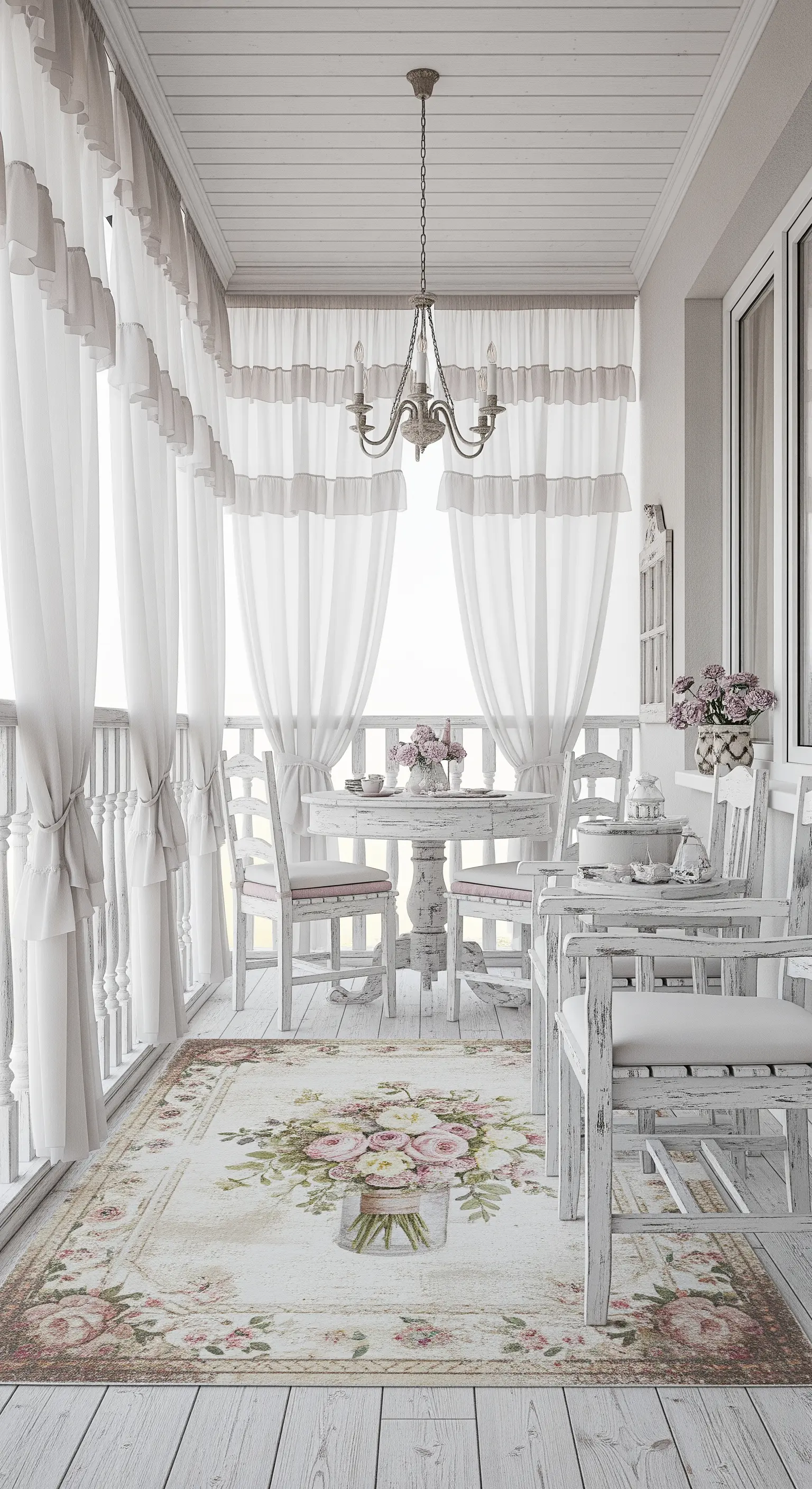 Balcone shabby chic total white con arredi decapati, tende a balze e tappeto floreale.