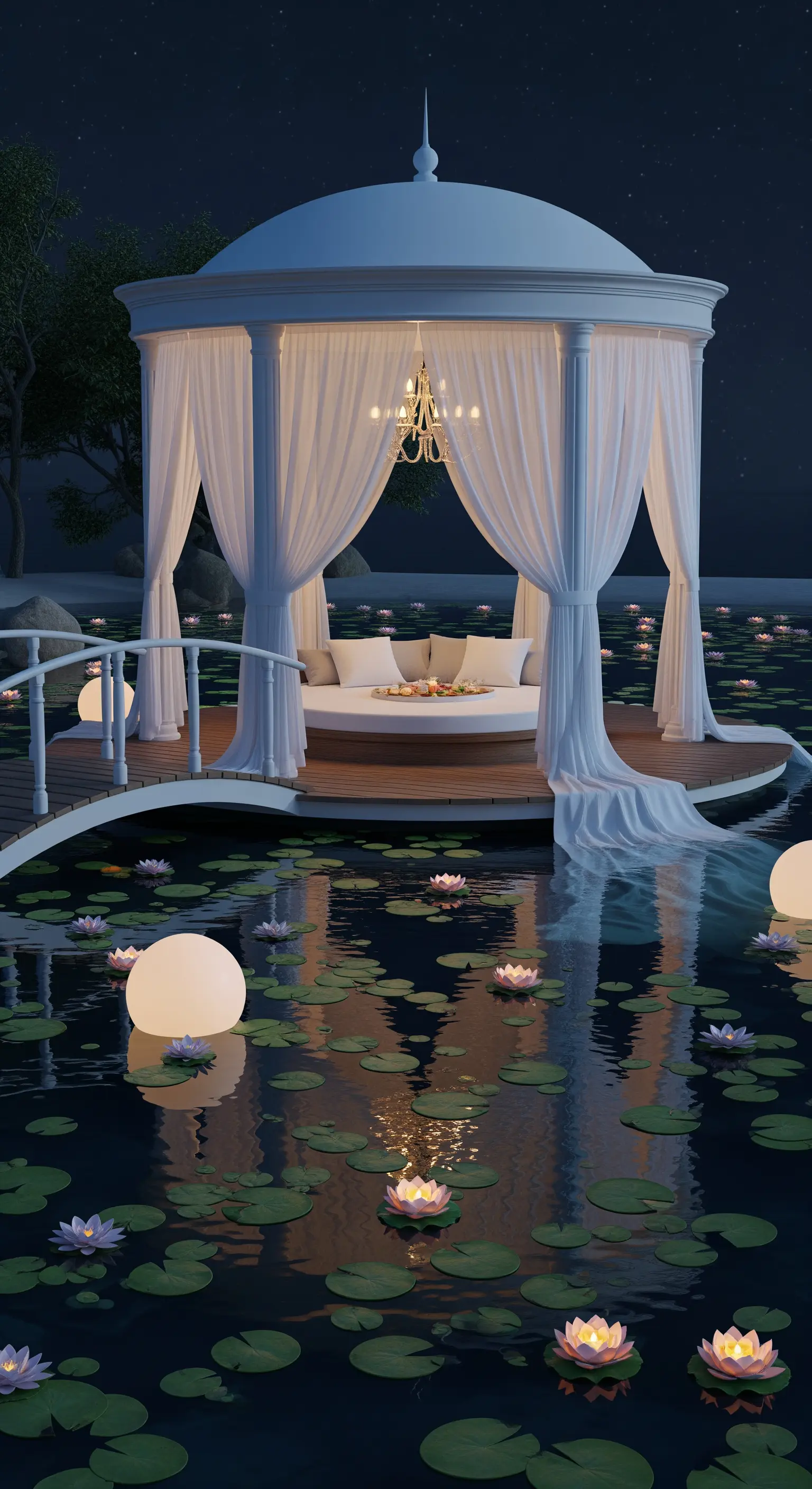 Gazebo bianco con letto rotondo su una piattaforma in un lago con ninfee e luci galleggianti.