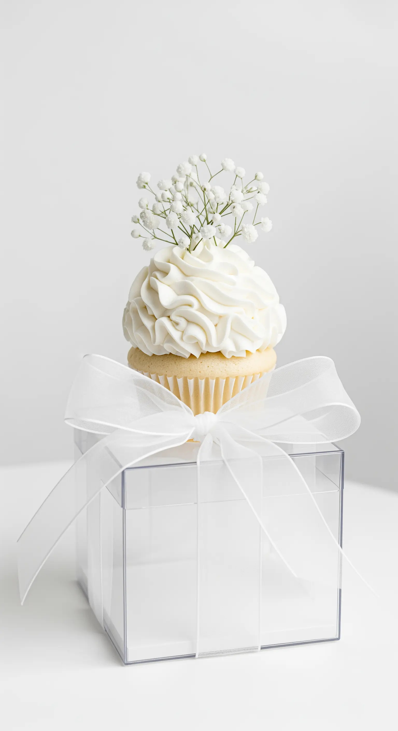 Cupcake bianco con glassa a forma di fiore e nastro in organza bianca.