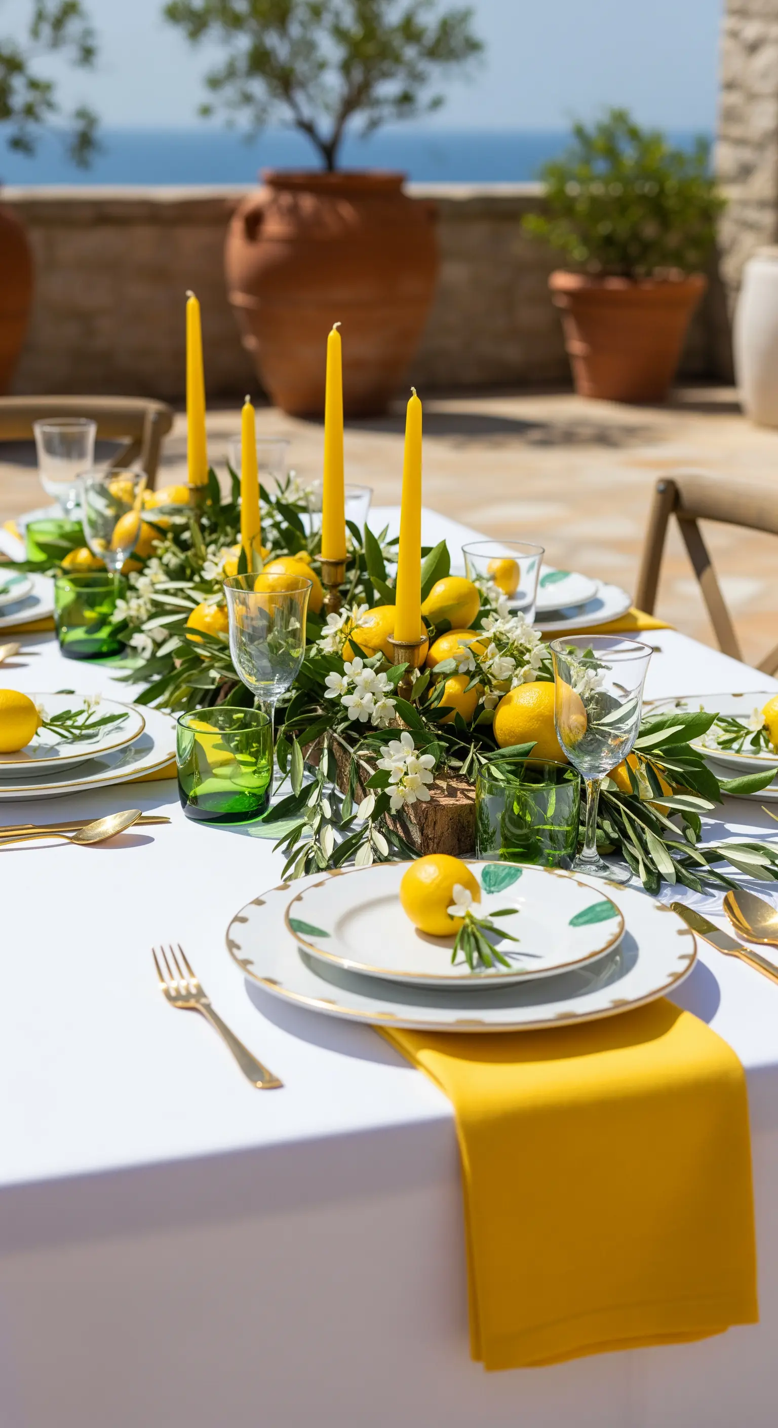 Tavola estiva con tovaglia bianca, dettagli gialli e un centrotavola di limoni e foglie.