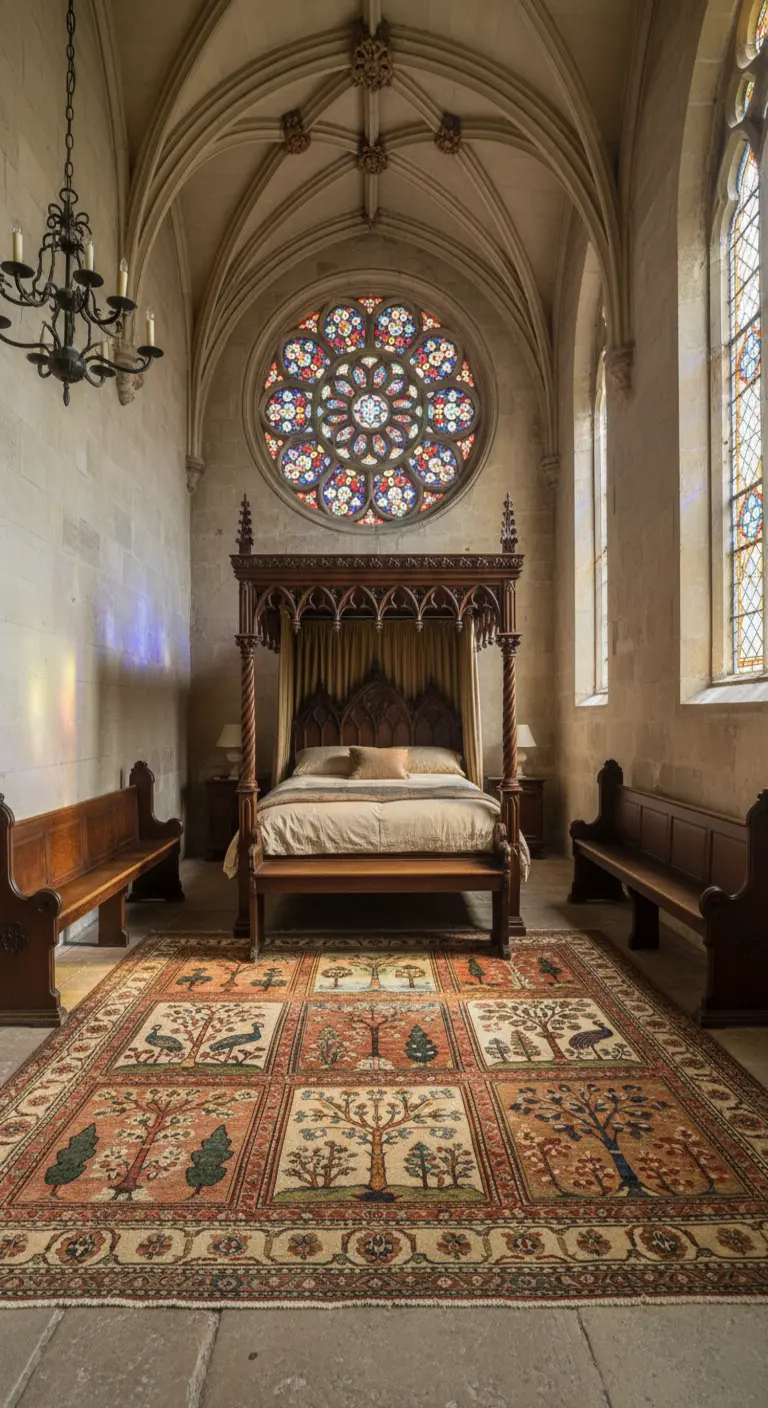 Camera da letto in stile gotico con letto a baldacchino e soffitto a volta.