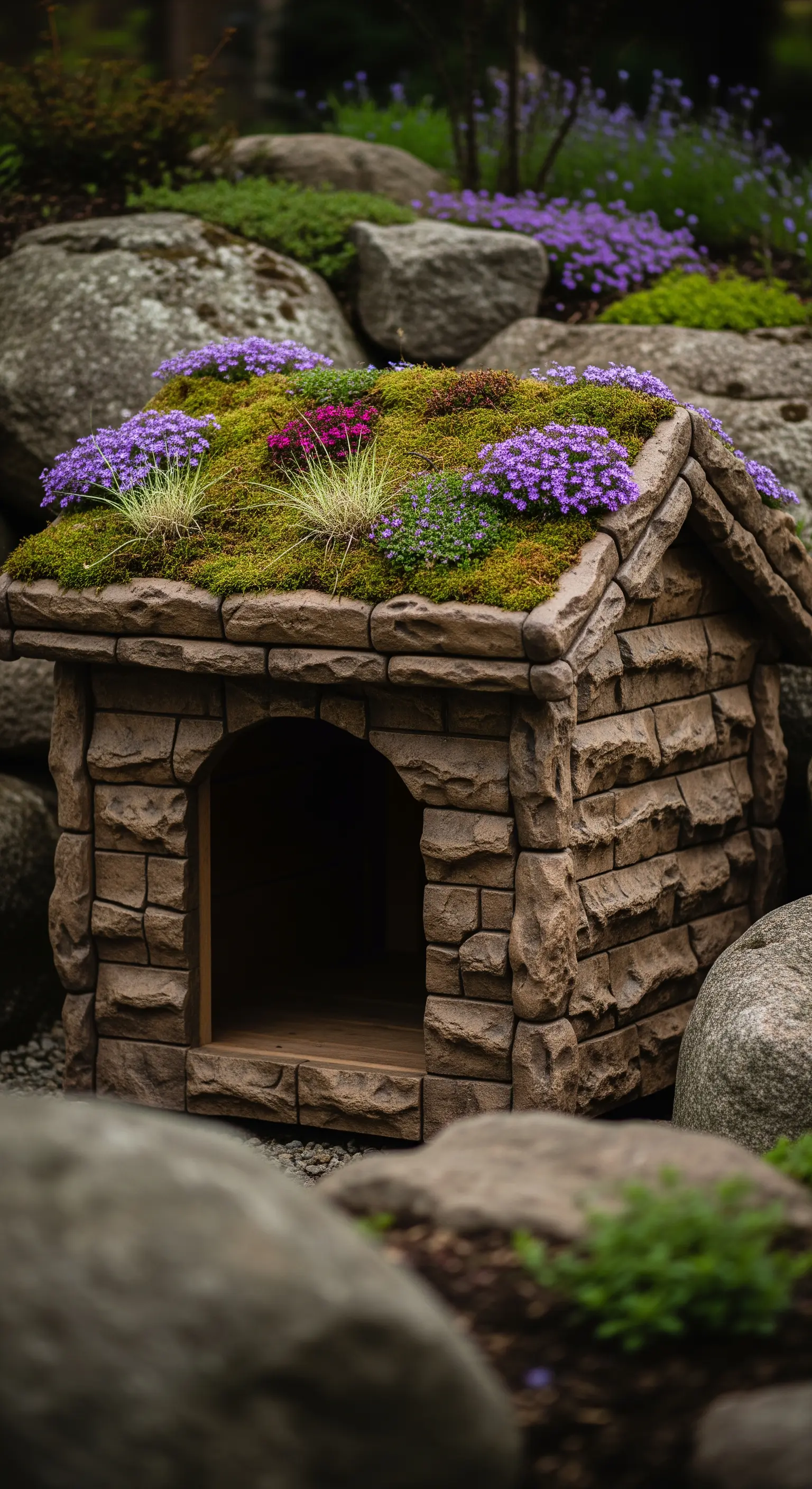 Cuccia con rivestimento in pietra e un tetto di muschio e fiori viola di campo.
