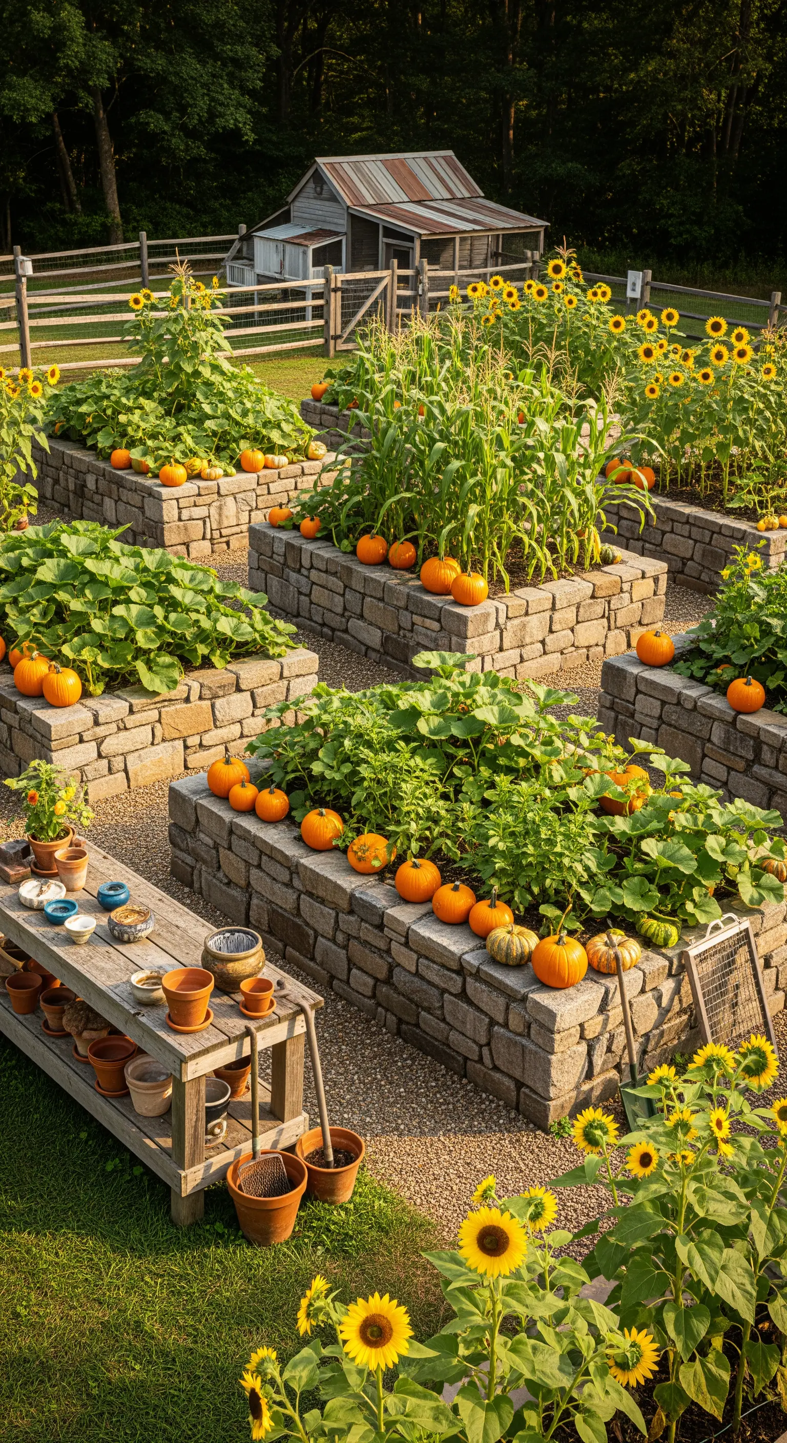 Orti rialzati con muretti a secco in pietra, coltivati con zucche e girasoli.