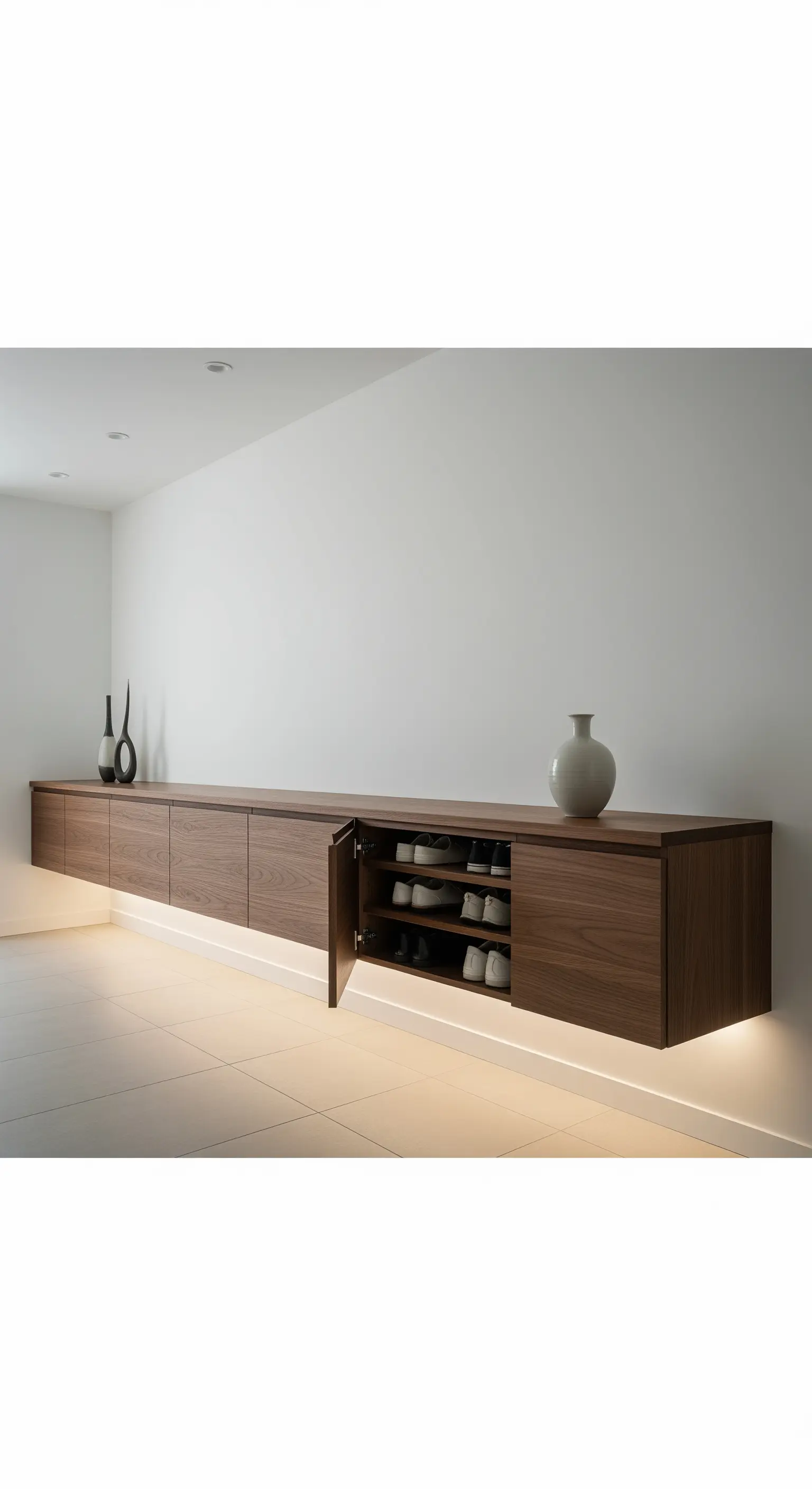Credenza lunga e sospesa in legno di noce con illuminazione LED integrata alla base.