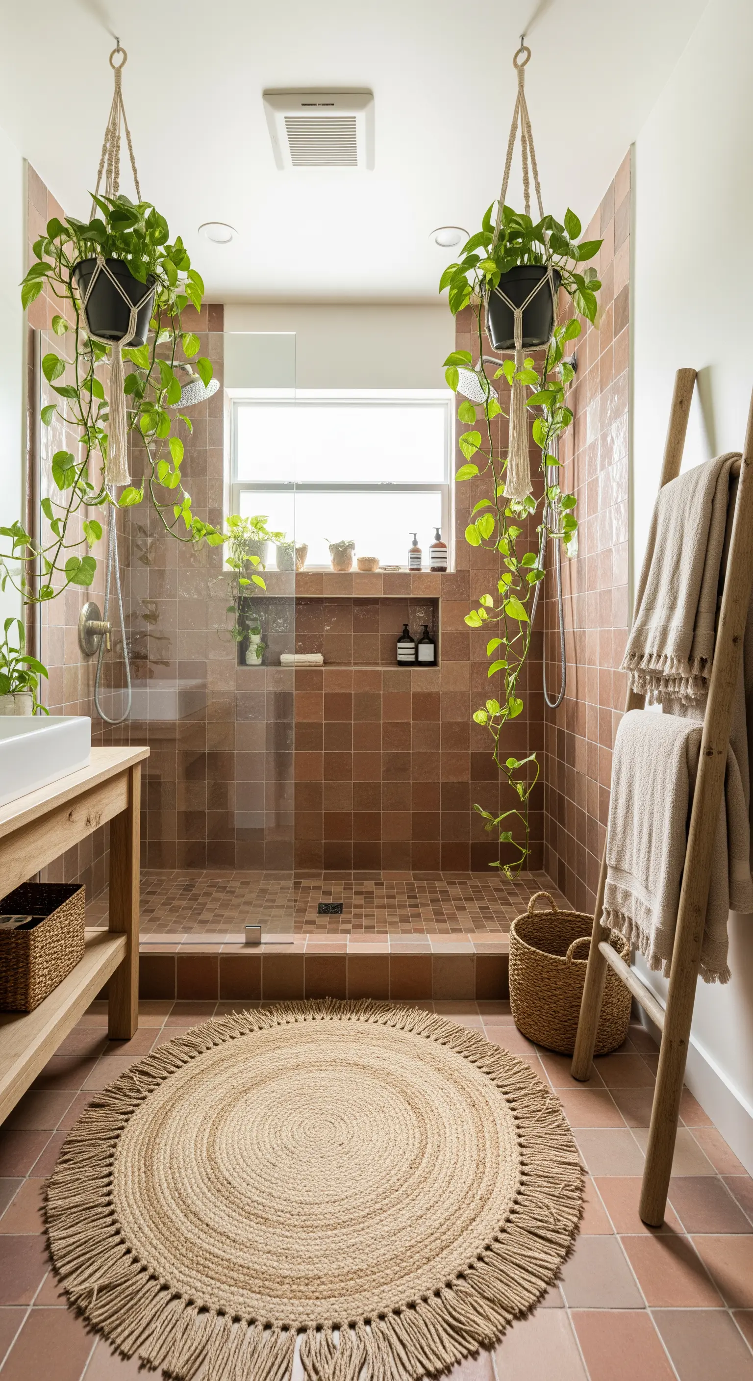 Bagno con doccia rivestita in piastrelle terracotta e piante di Pothos appese al soffitto.