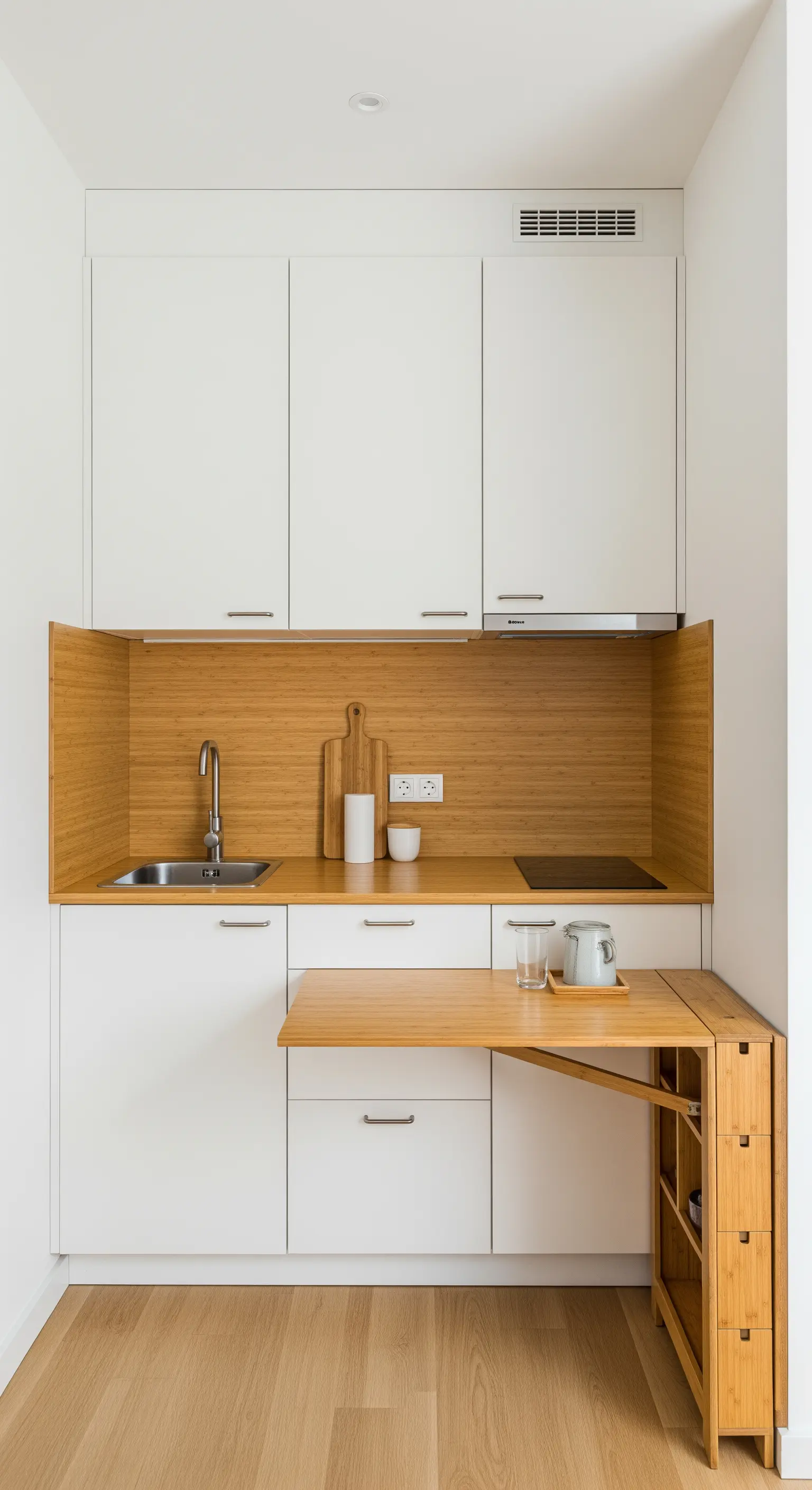 Cucina bianca compatta con un tavolo pieghevole in bambù e una nicchia rivestita.