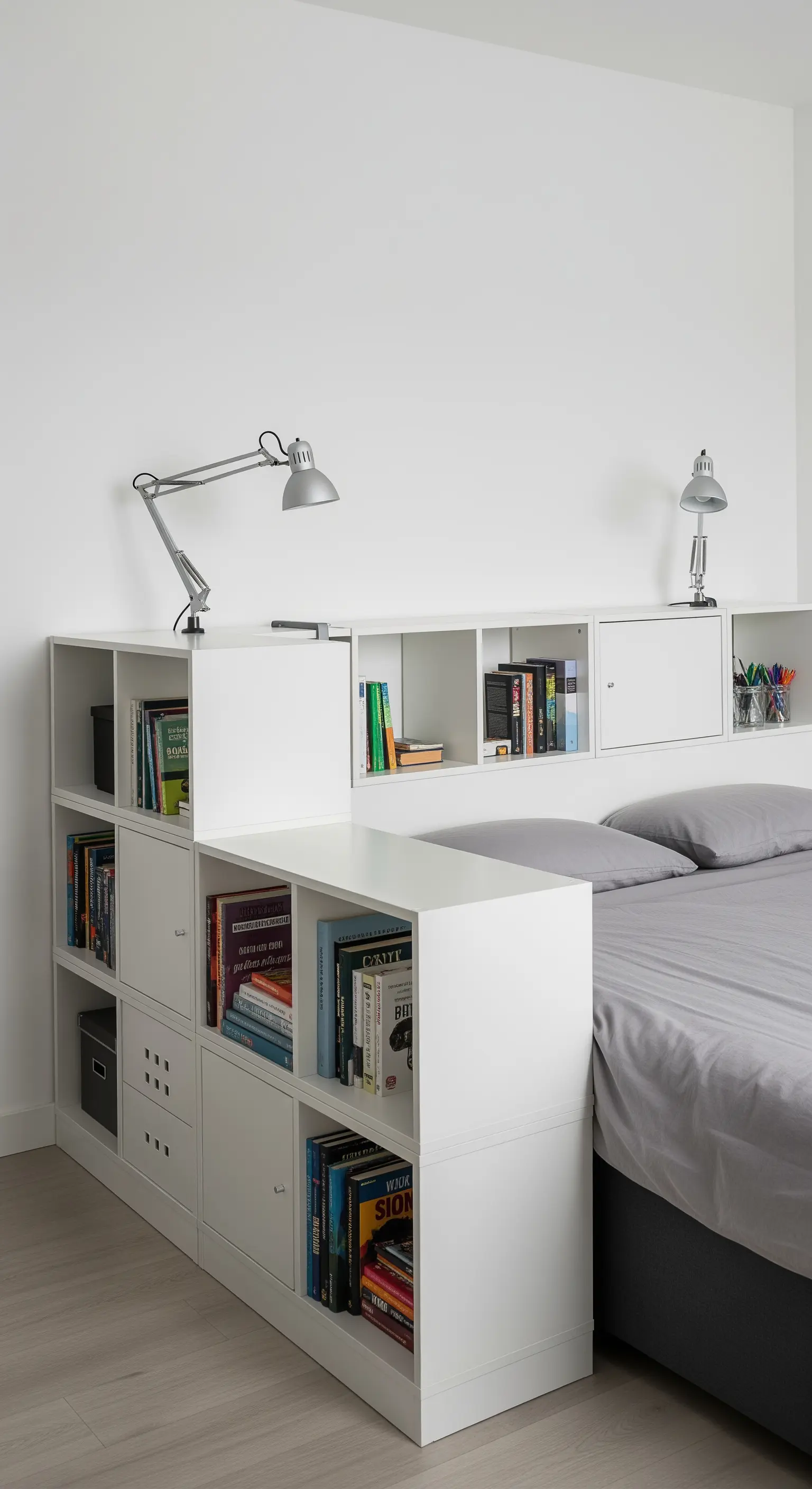 Libreria bianca modulare bassa usata come testiera e divisorio in una stanza moderna.