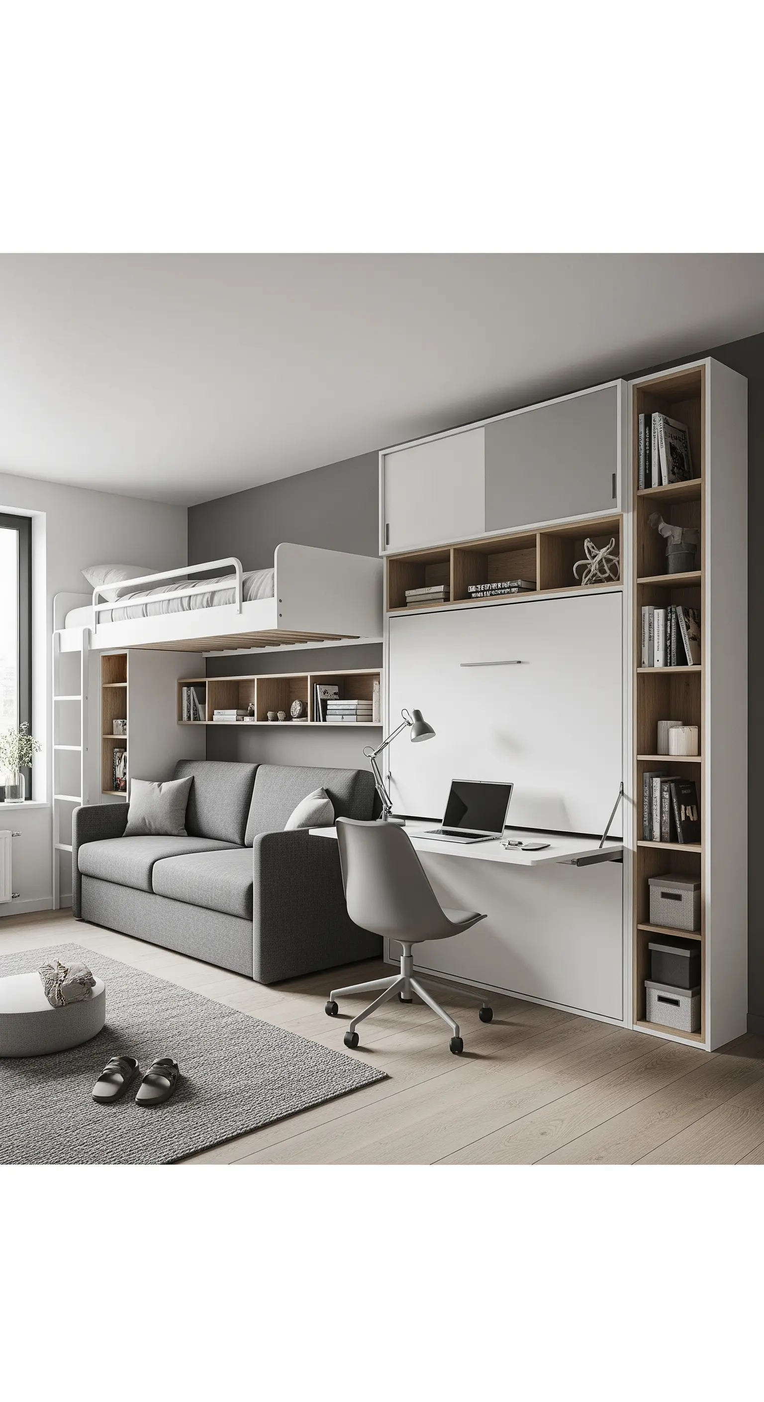 Stanza con parete attrezzata, letto a soppalco, divano grigio e scrivania a scomparsa.