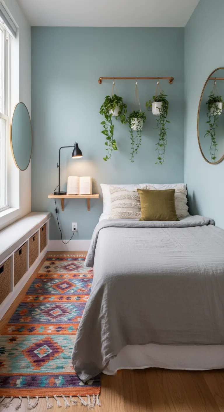 Camera piccola con pareti azzurre, piante appese a un bastone e tappeto kilim vivace.