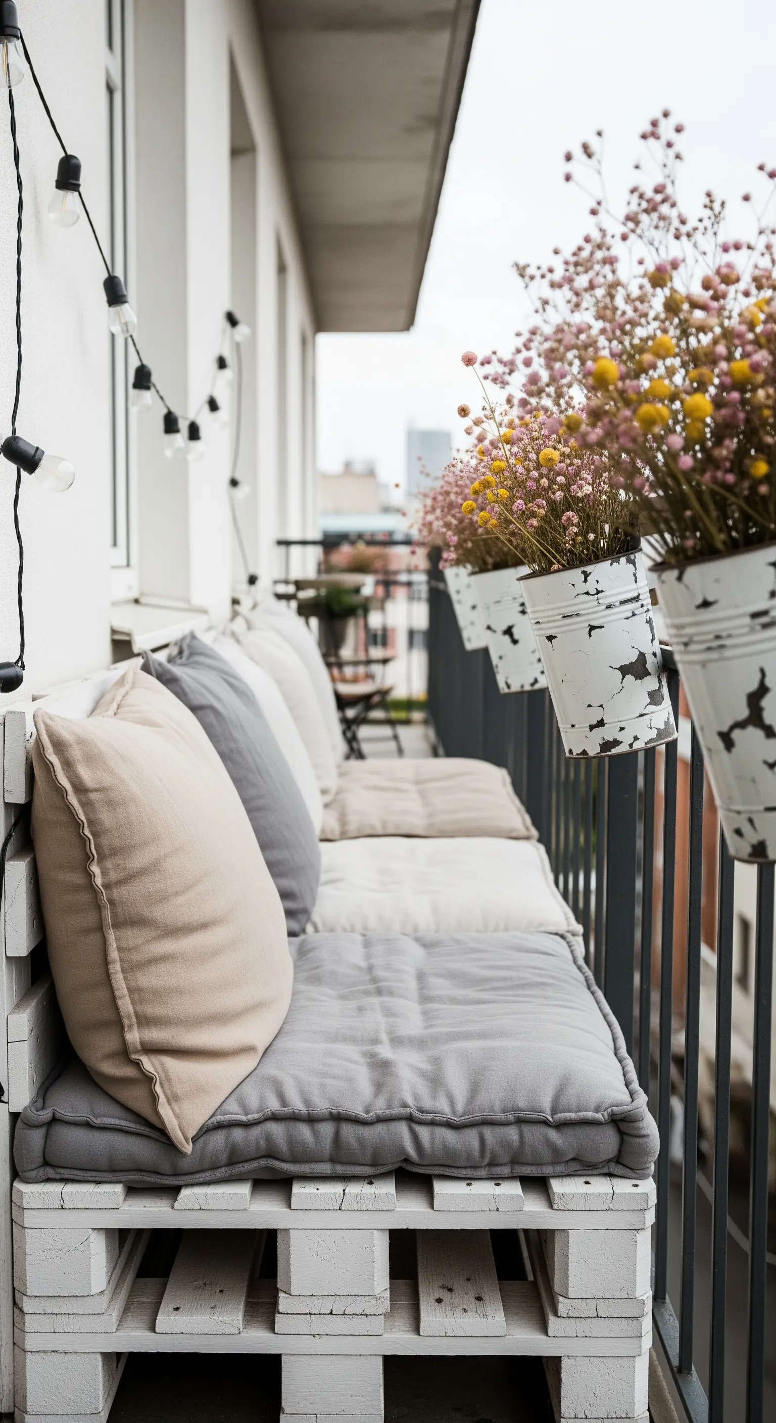 Panca realizzata con pallet bianchi, cuscini grigi e vasi di fiori secchi appesi alla ringhiera.