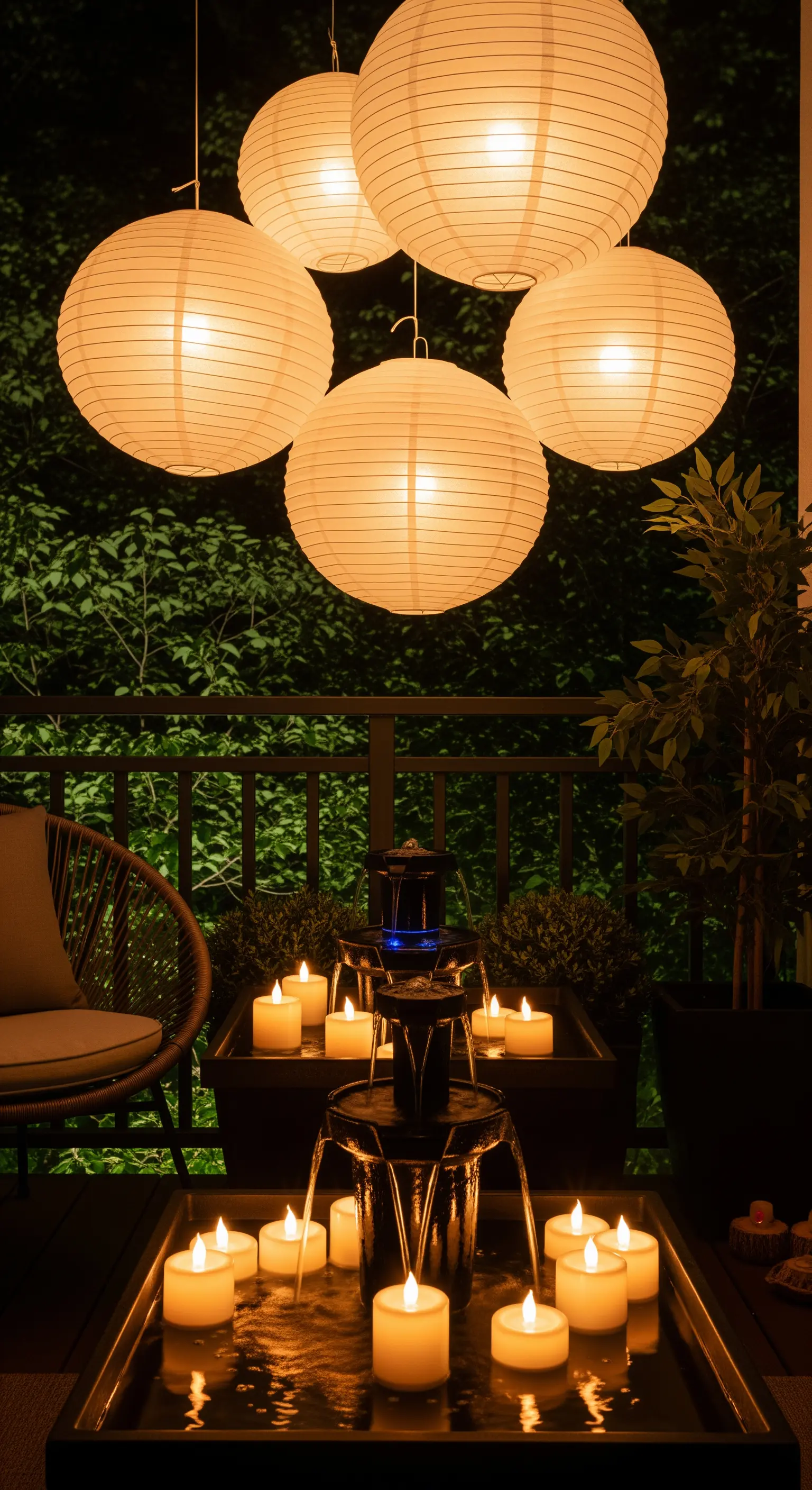 Piccola fontana da tavolo circondata da candele LED galleggianti, sotto un grappolo di lanterne di carta