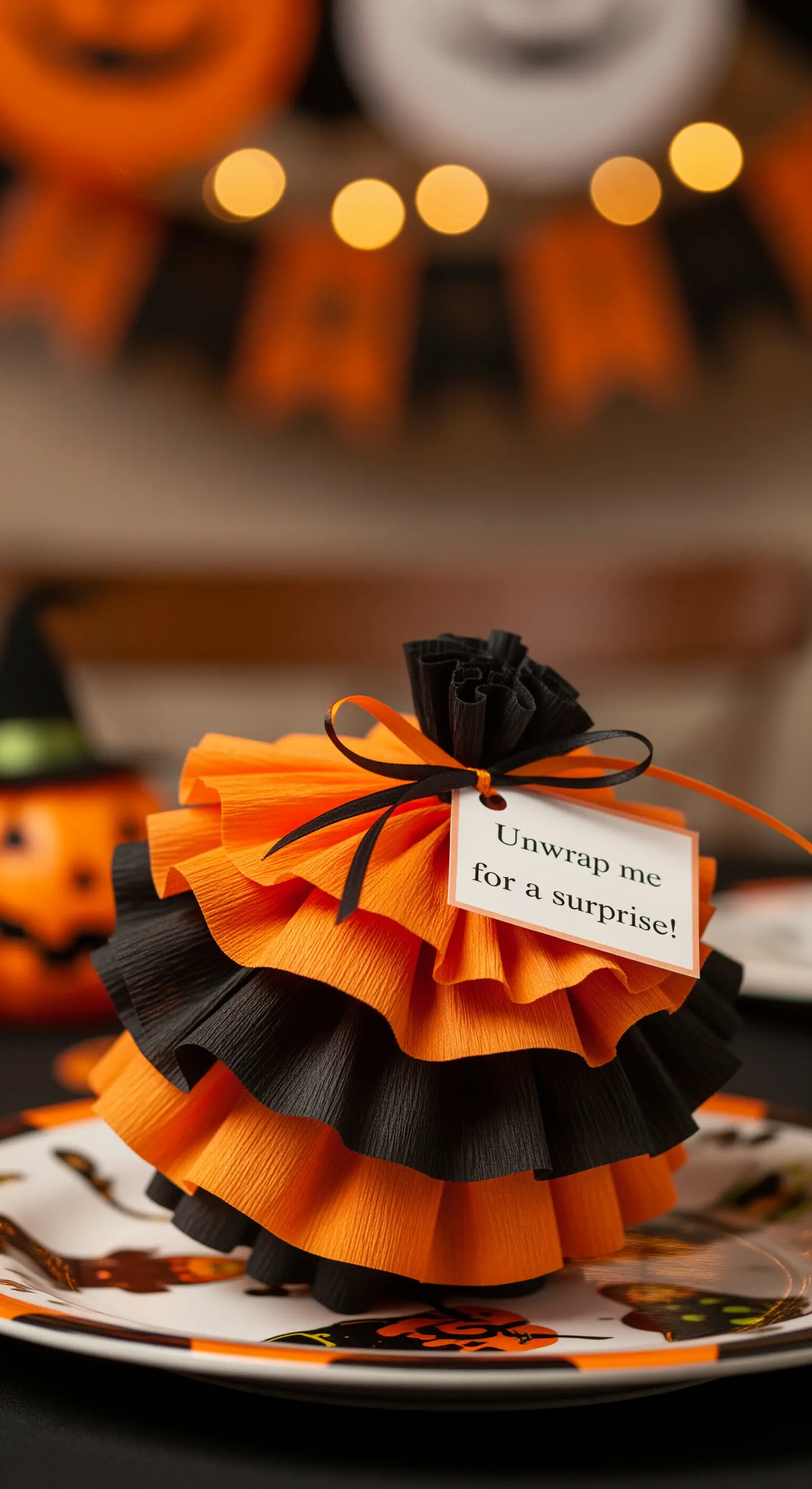 Pacchetto regalo a sorpresa decorato con strati di carta crespa arancione e nera.