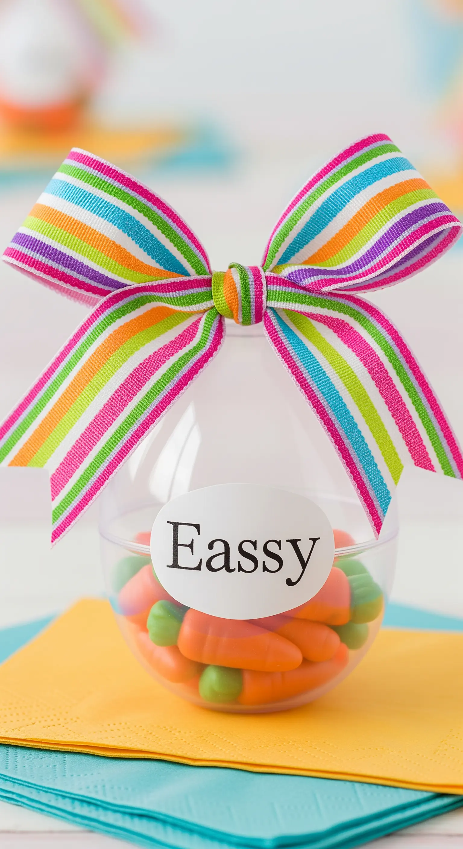 Segnaposto pasquale con uovo trasparente pieno di caramelle e fiocco a righe colorate.