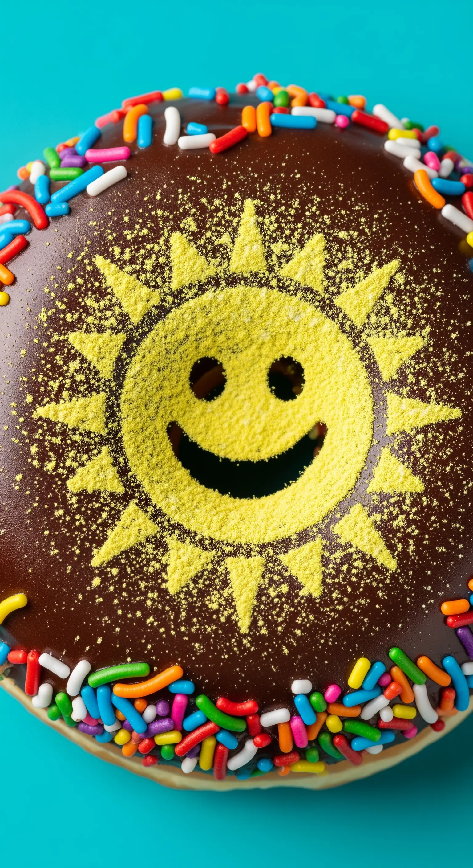 Ciambella al cioccolato con un sole sorridente fatto di zucchero giallo e codette colorate.