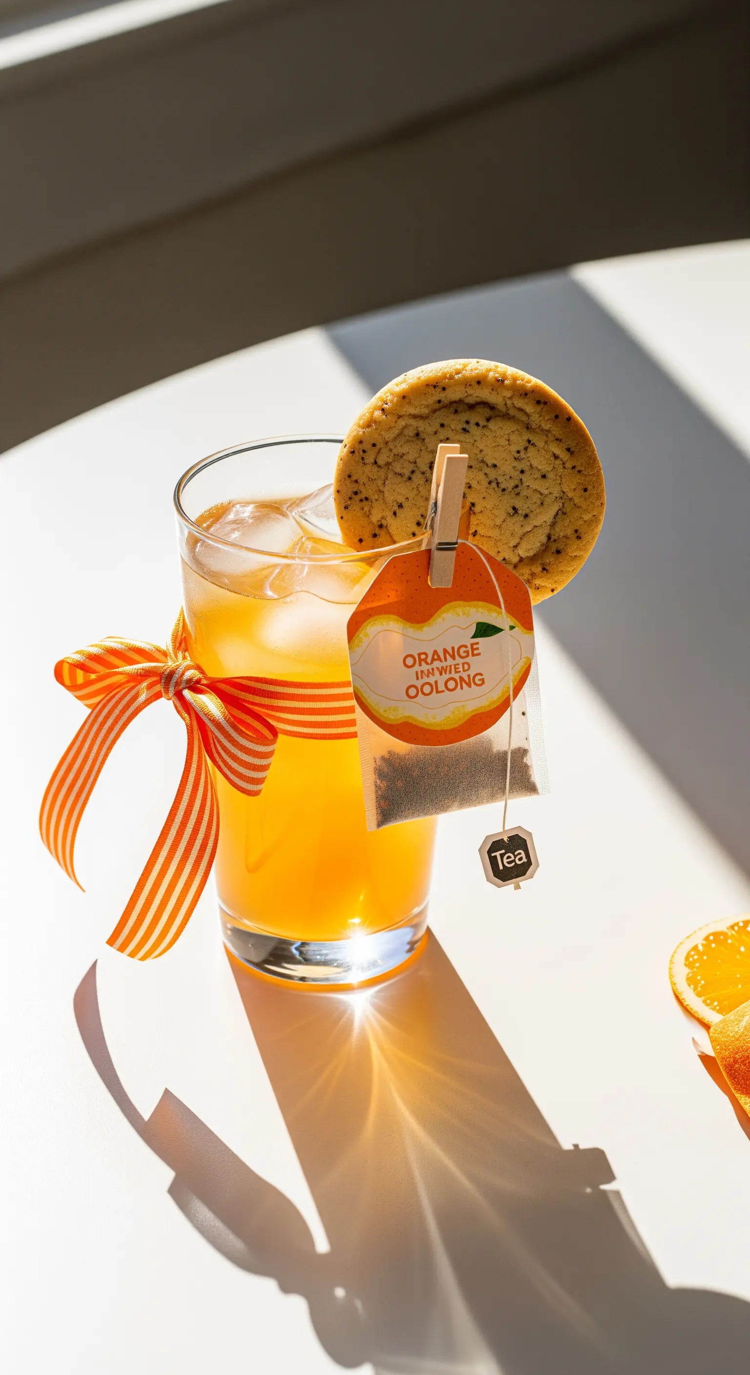 Bicchiere di tè freddo all'arancia con un biscotto e una bustina di tè fissati al bordo.