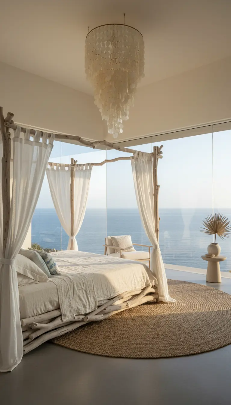 Letto a baldacchino in legno sbiancato con lampadario di conchiglie e vista sul mare.