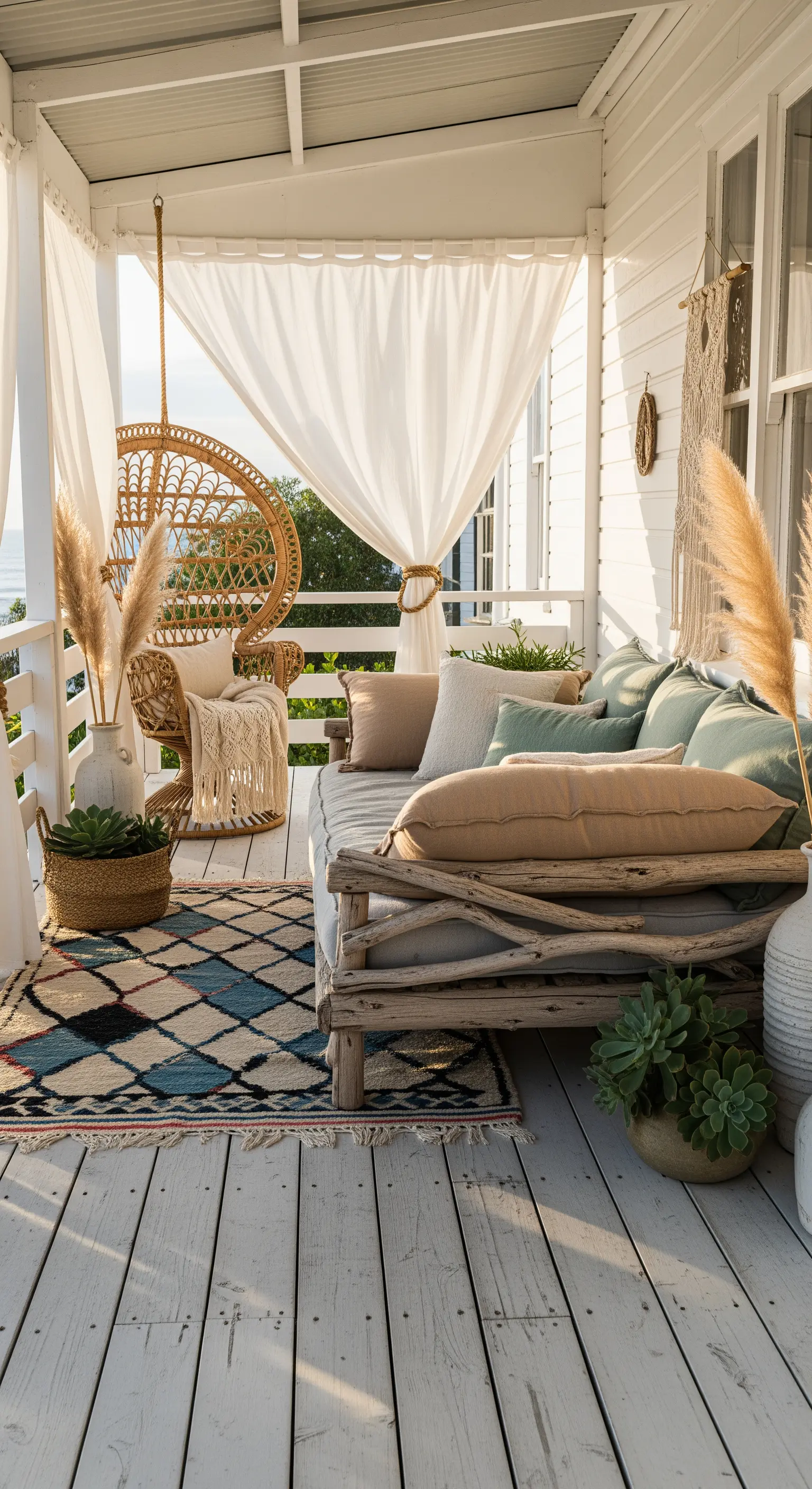 Veranda bohémien con poltrona sospesa in rattan, divano in legno e tende bianche.