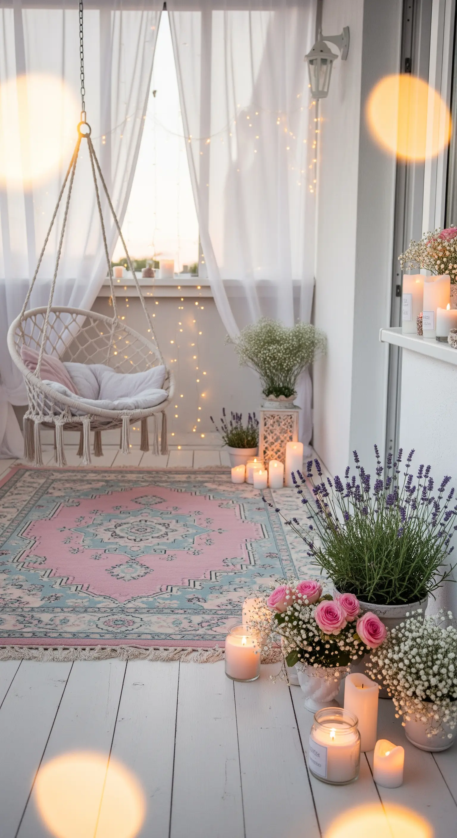 Balcone con sedia sospesa in macramè, tappeto rosa e azzurro e vasi di lavanda.