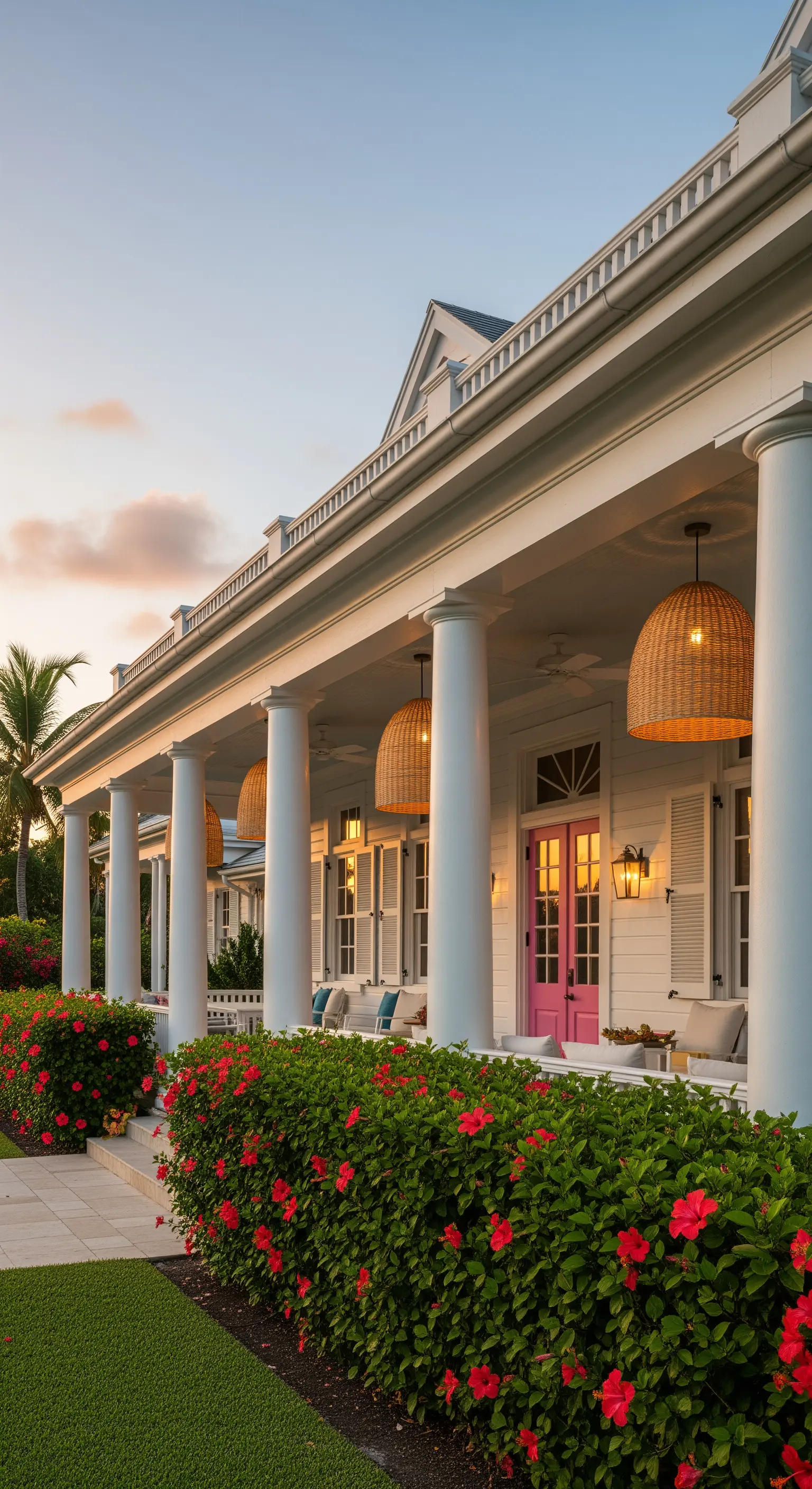 Lungo portico bianco con colonne, grandi lampade a sospensione in rattan e una porta rosa.