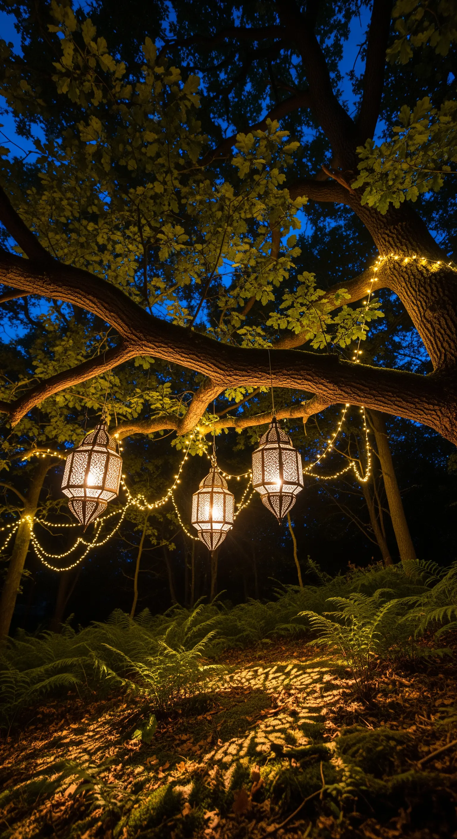 Lanterne in stile marocchino e lucine appese ai rami di un grande albero in un bosco.
