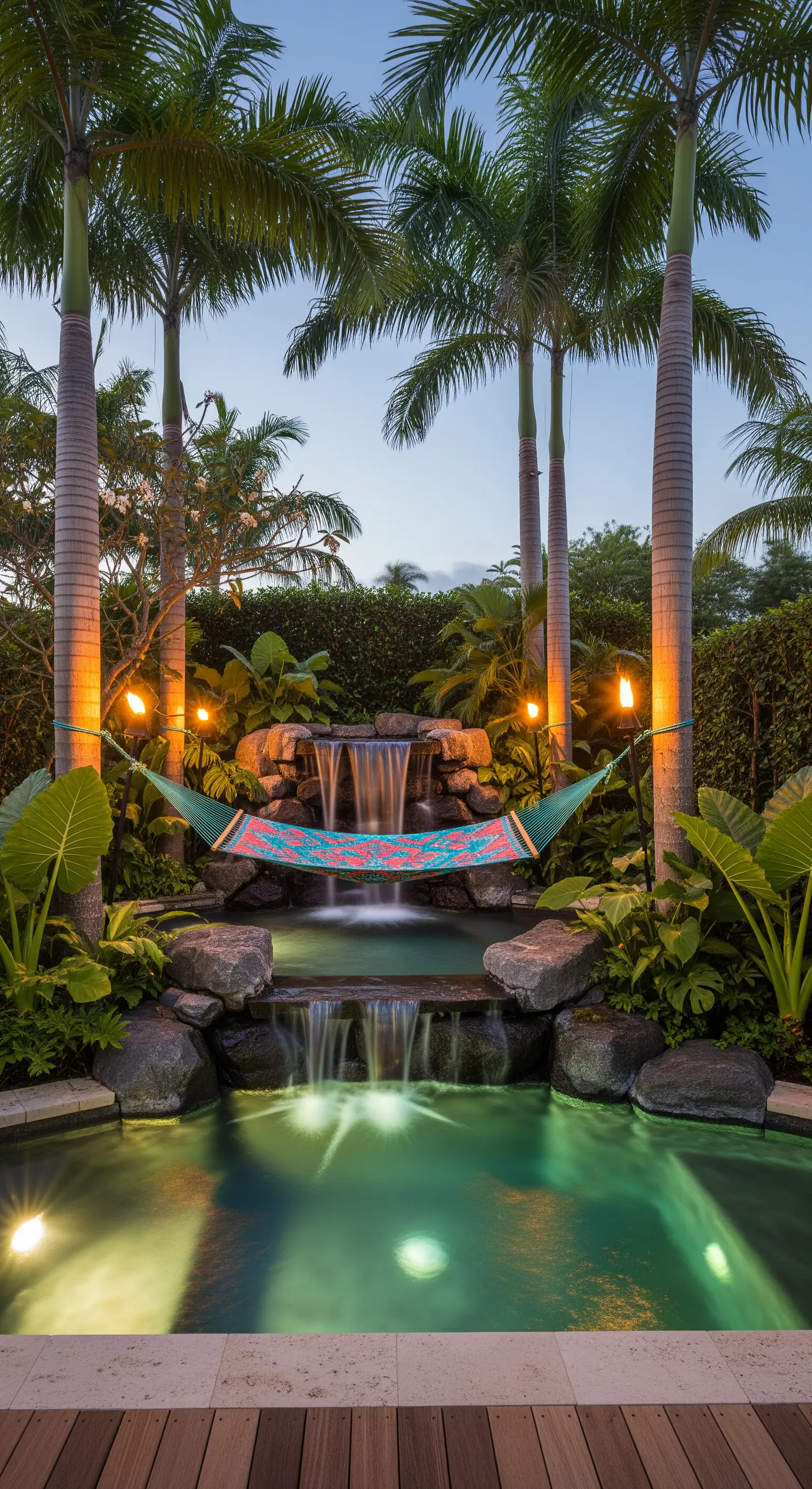 Amaca colorata sospesa su una piscina a più livelli con cascata e torce tiki accese al crepuscolo
