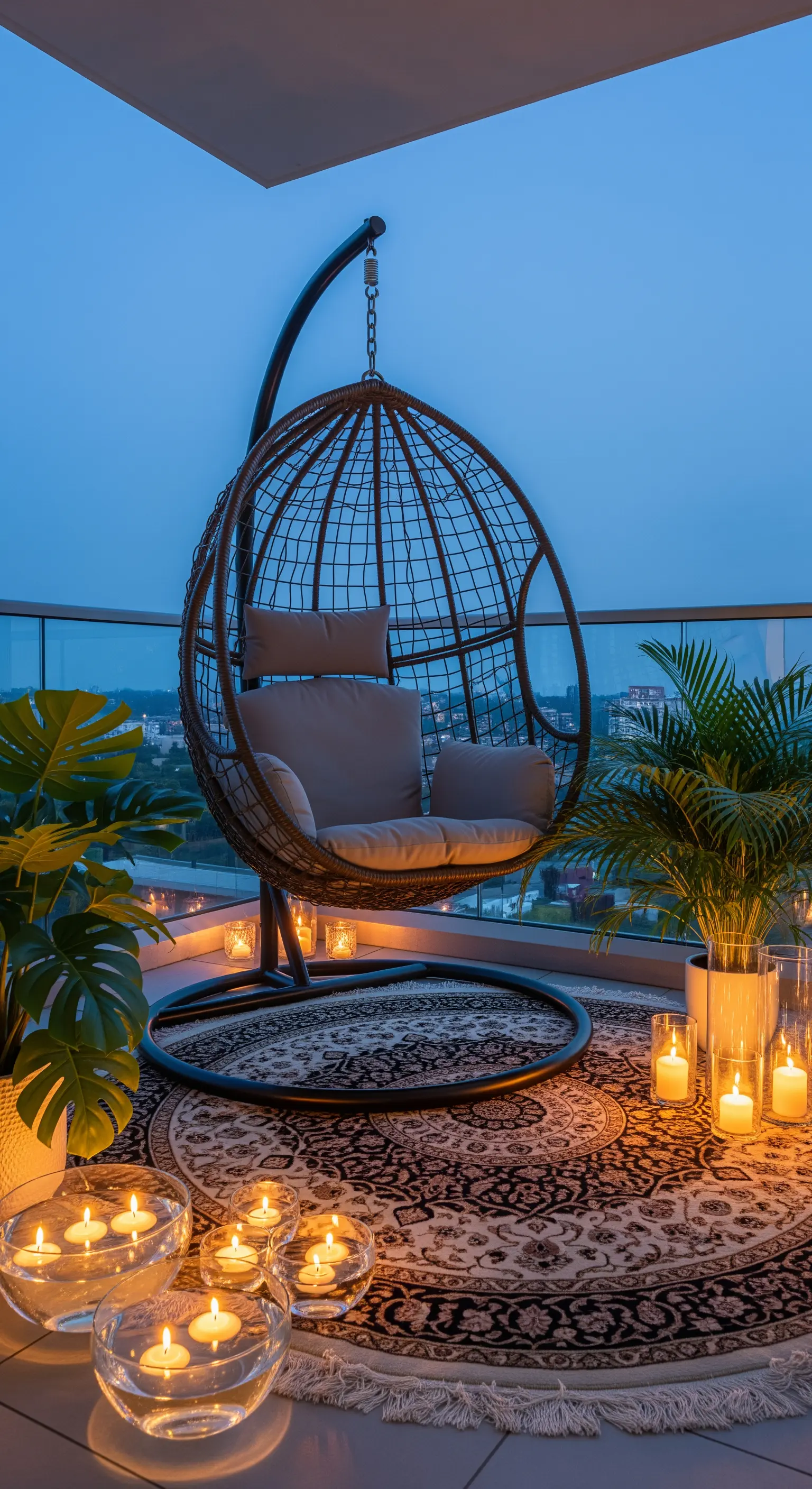 Balcone moderno con poltrona sospesa, tappeto rotondo e candele galleggianti.