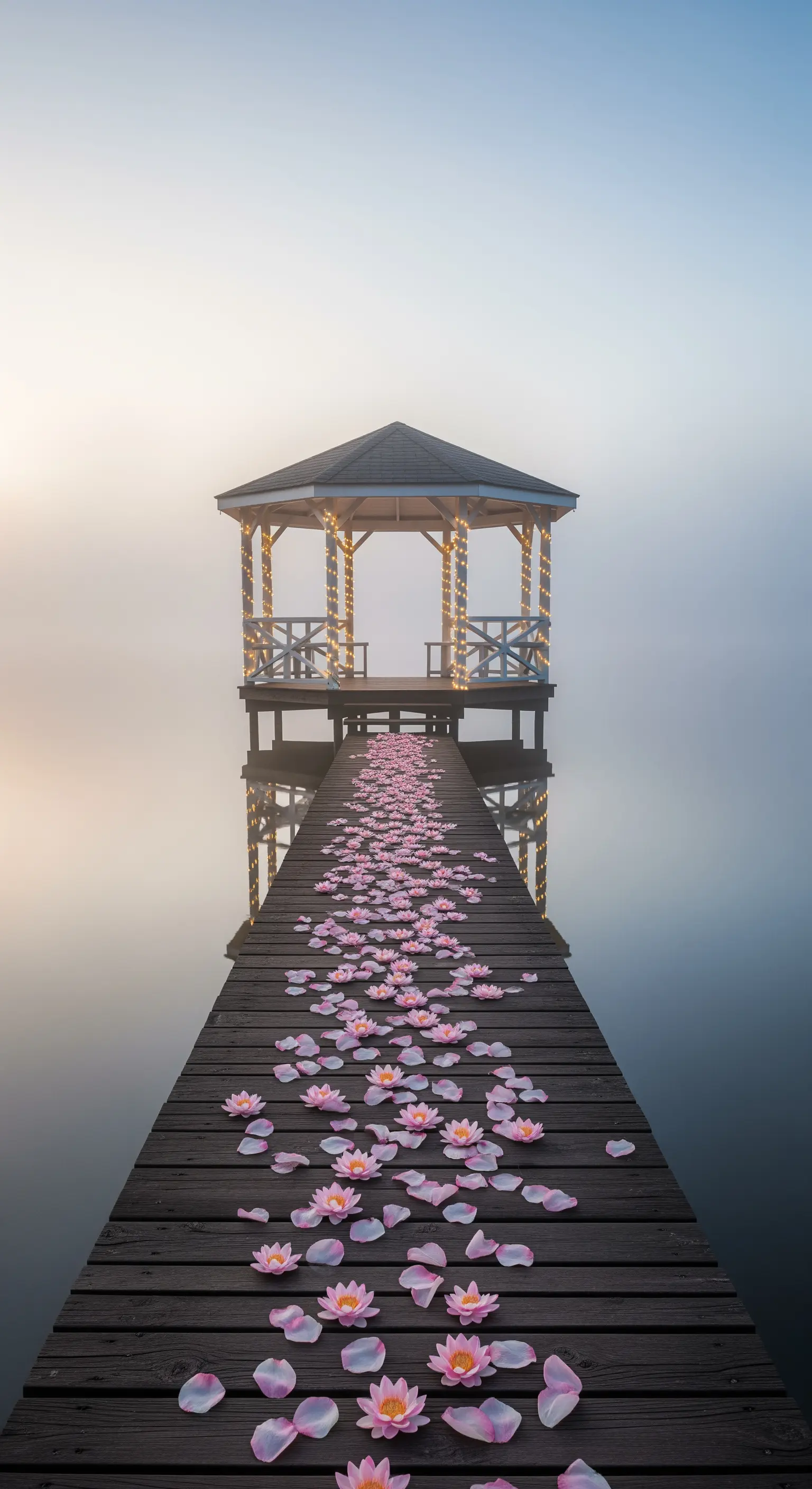 Gazebo bianco su un pontile in legno avvolto nella nebbia, con petali e lucine.