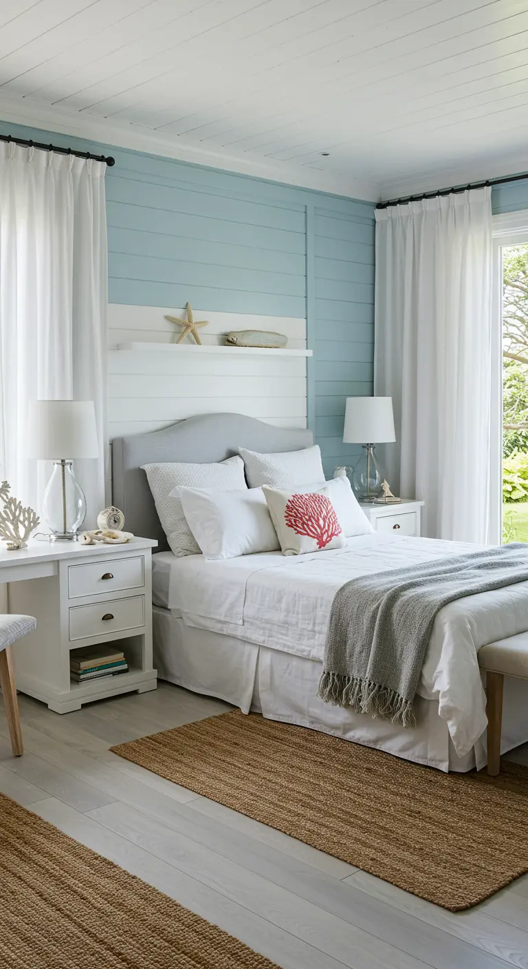 Scrivania bianca in stile coastal usata come comodino accanto al letto.