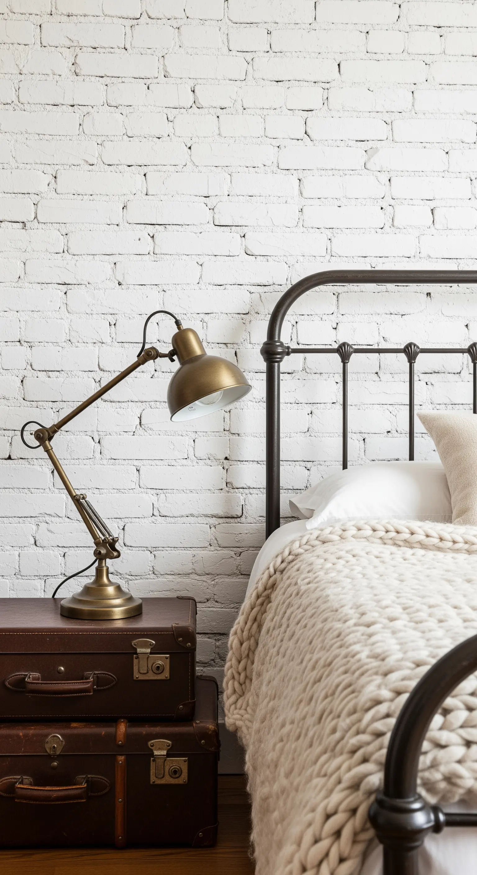 Letto in ferro battuto con valigie vintage impilate come comodino e lampada in ottone.