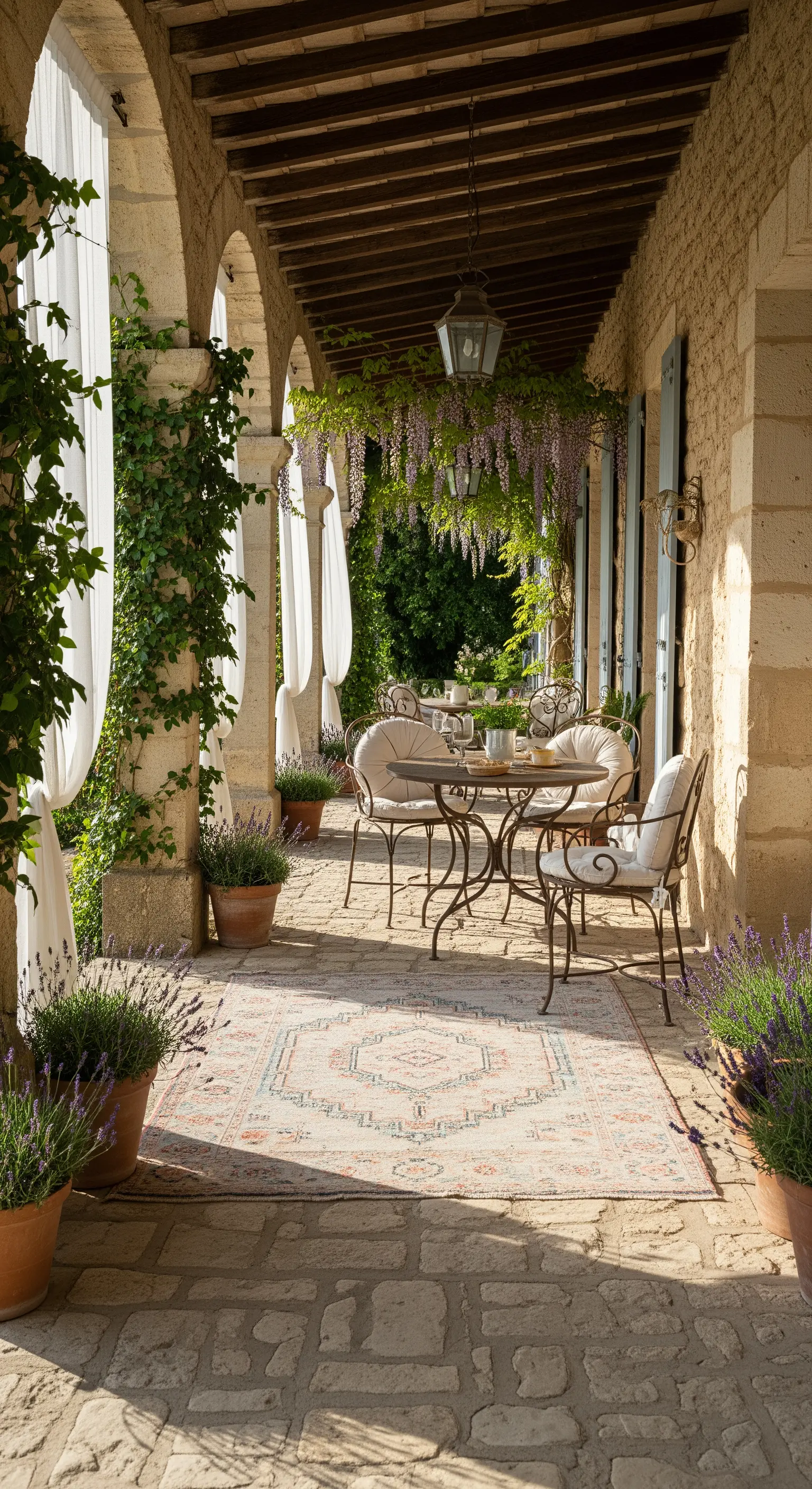 Portico in pietra con glicine rampicante, tavolo in ferro battuto e tende di lino.