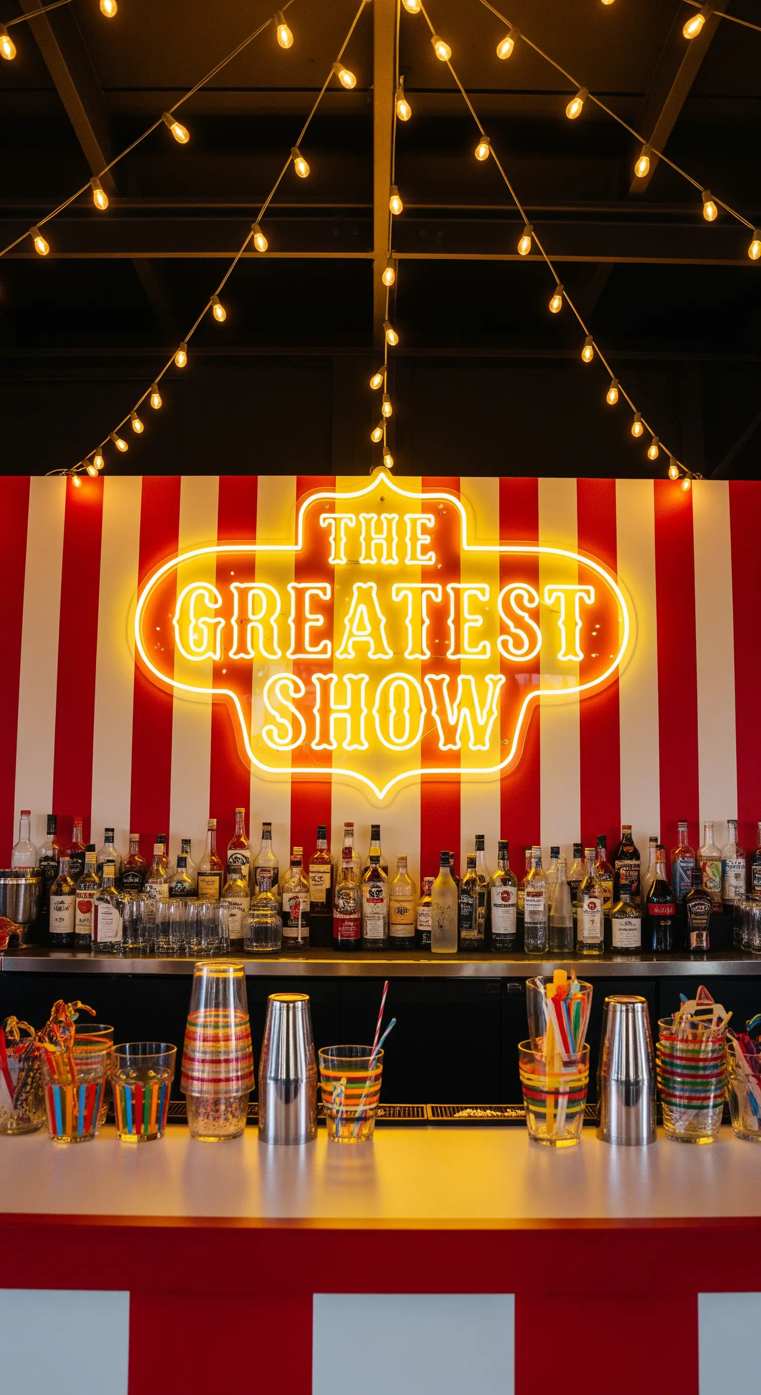 Bar a tema circense con sfondo a righe rosse e bianche e neon “The Greatest Show”.