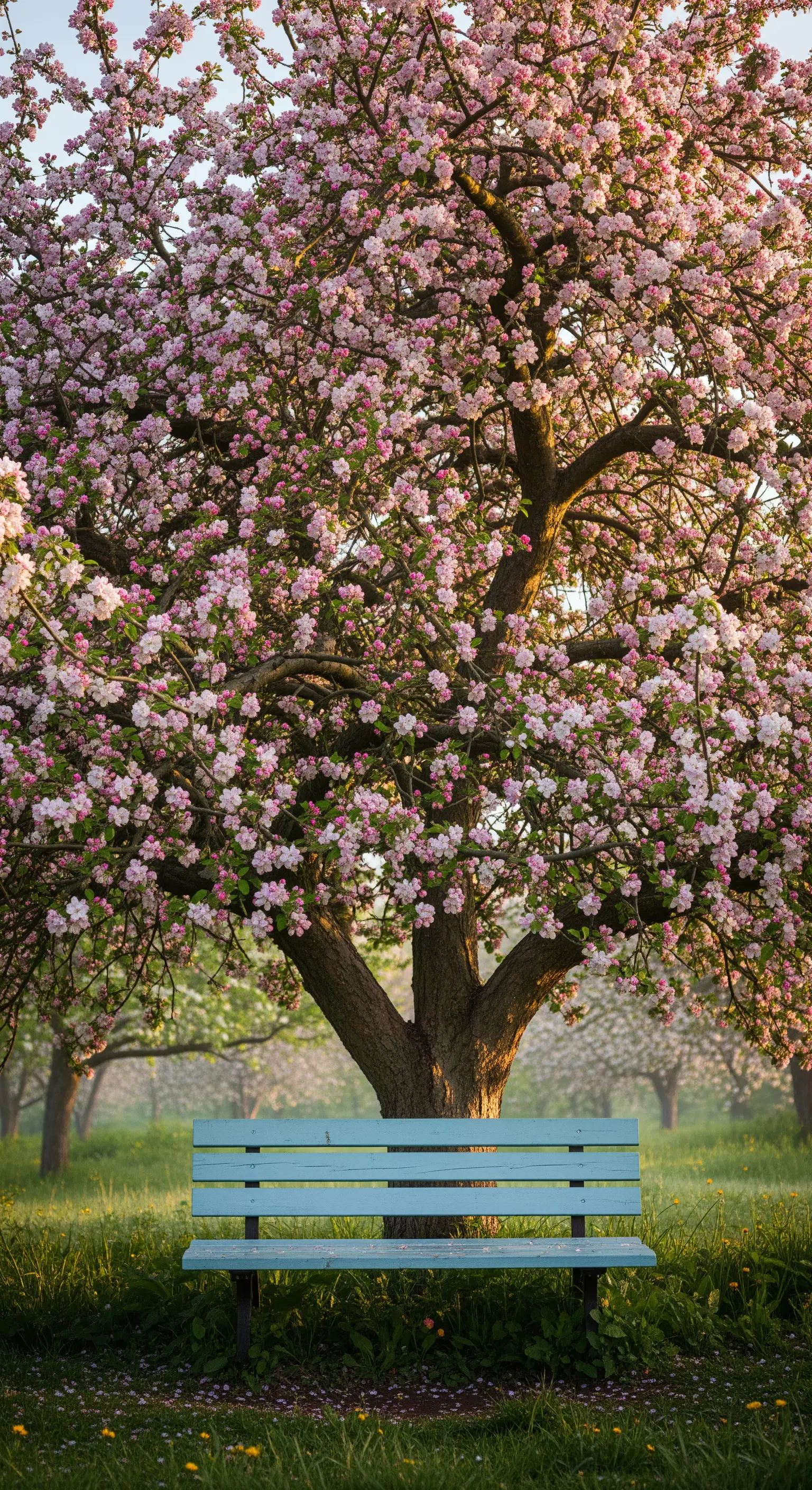 Panchina azzurra posizionata sotto un grande melo completamente coperto di fiori rosa e bianchi.