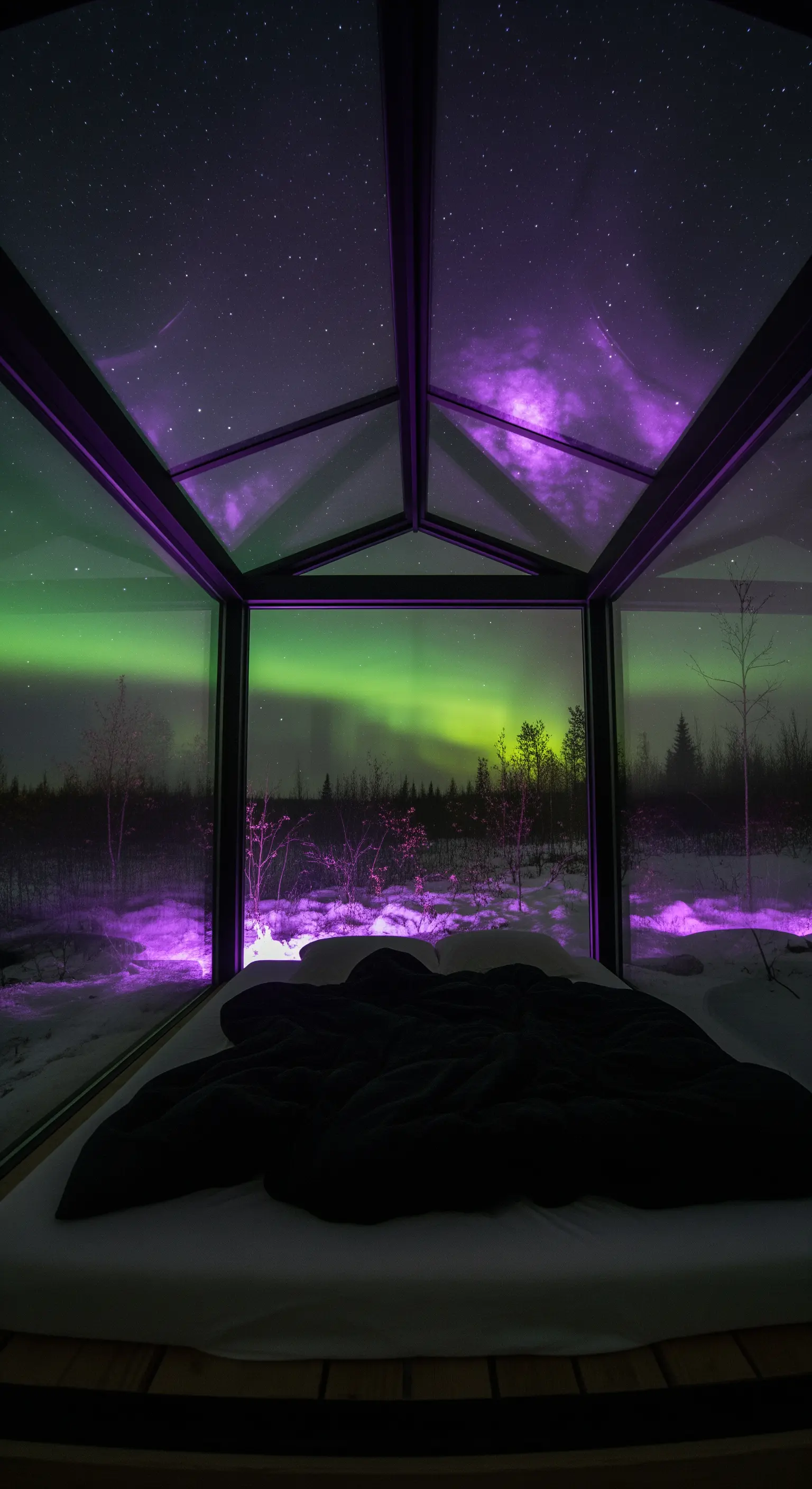 Letto in una cabina di vetro con vista sull'aurora boreale e illuminazione viola d'atmosfera.