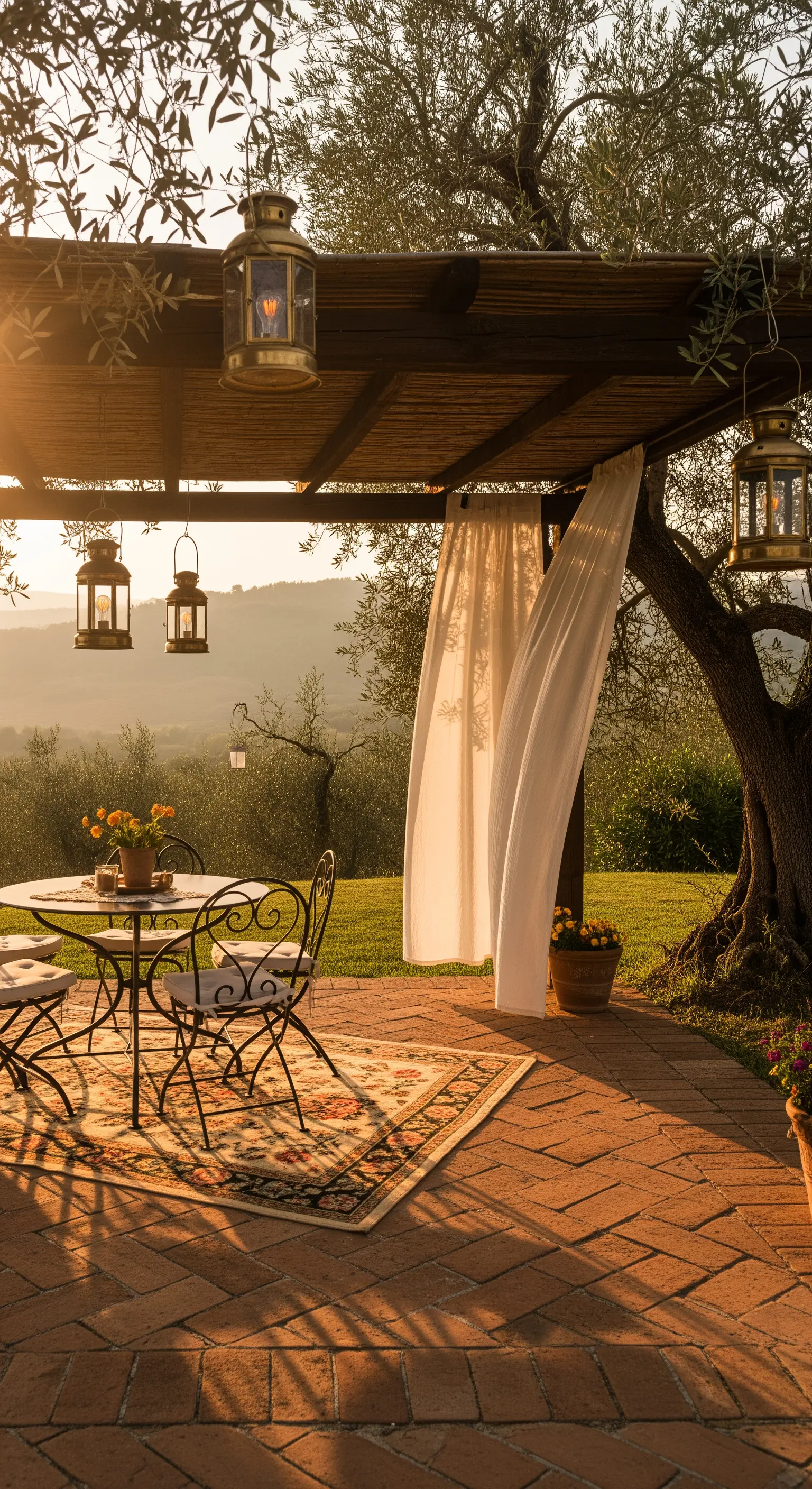 Patio in cotto con pergola, lanterne sospese e tende bianche al tramonto.