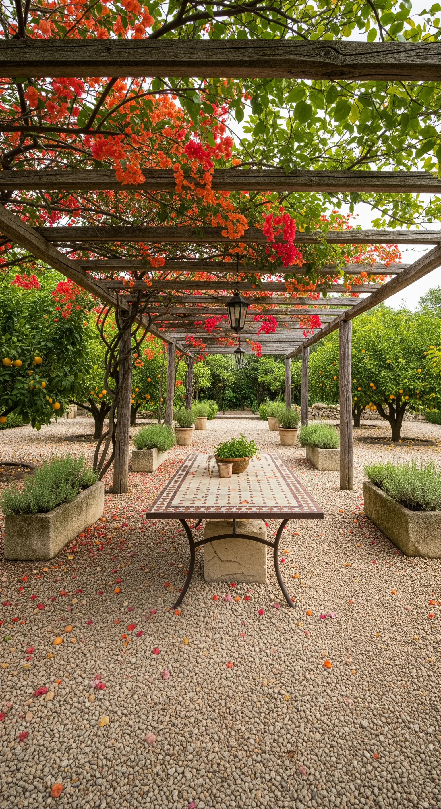 Lunga pergola con bouganville arancione, tavolo in mosaico e alberi di agrumi.
