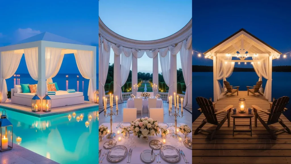 Patii romantici con gazebo bianchi, tende trasparenti e candele profumate sotto le stelle per serate indimenticabili.