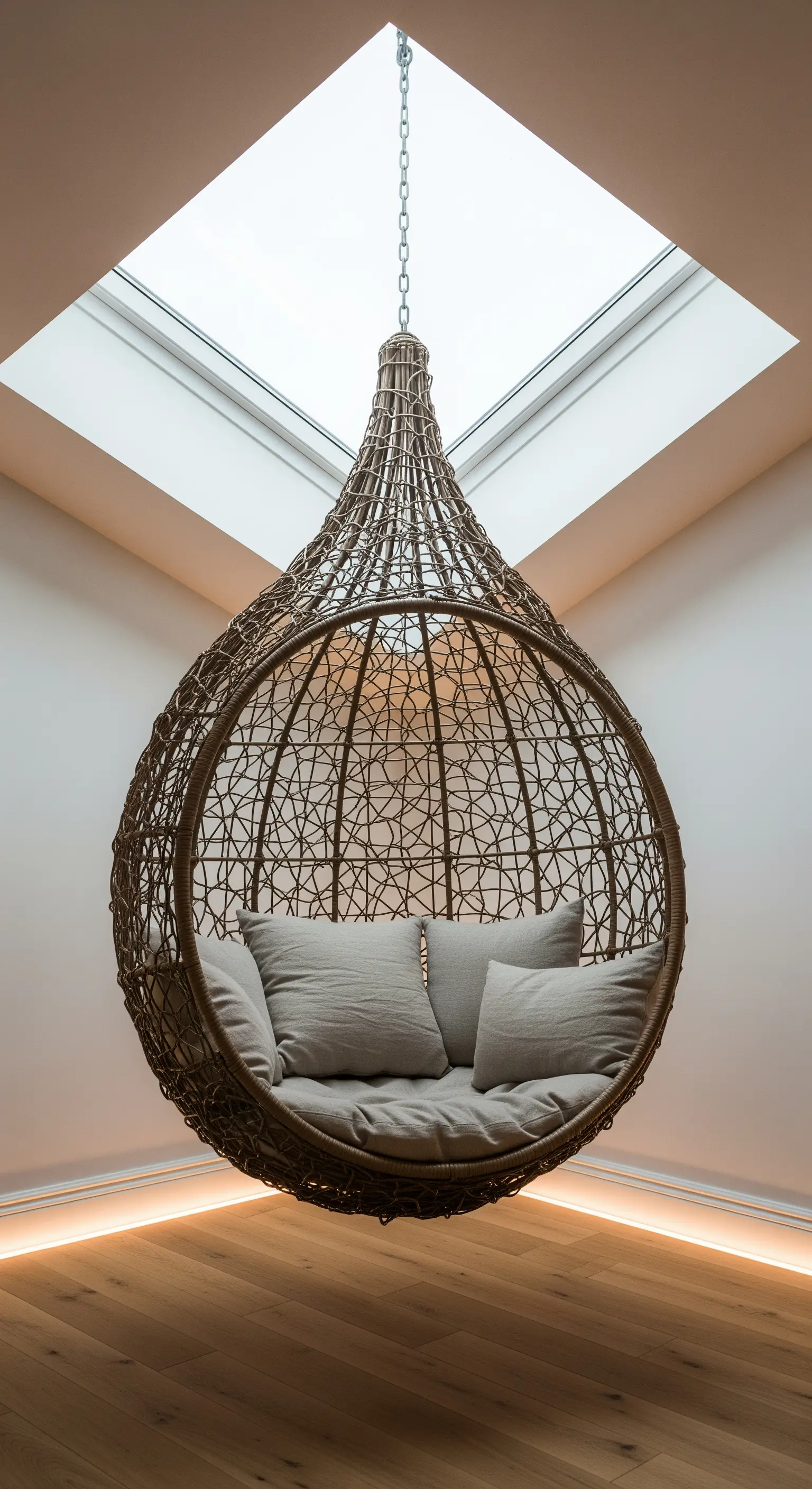 Poltrona sospesa a goccia in vimini posizionata strategicamente sotto un lucernario.