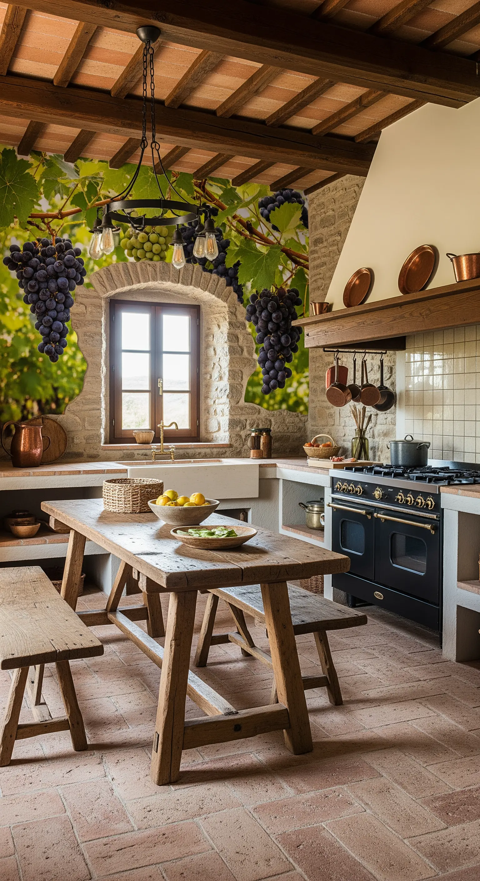 Cucina rustica con murale di vite che si estende dalla parete al soffitto a travi.