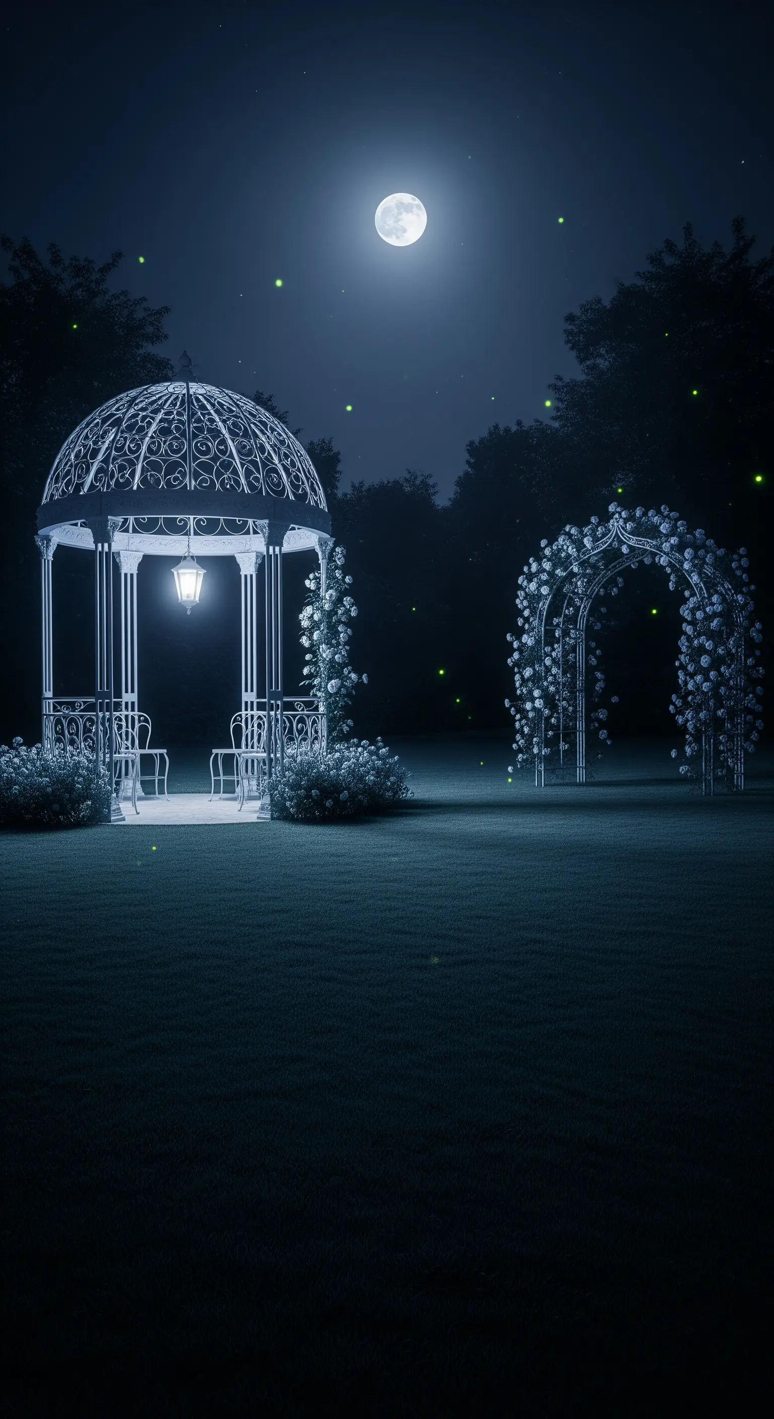 Gazebo e arco bianchi illuminati dalla luna in un giardino notturno, con lucciole.