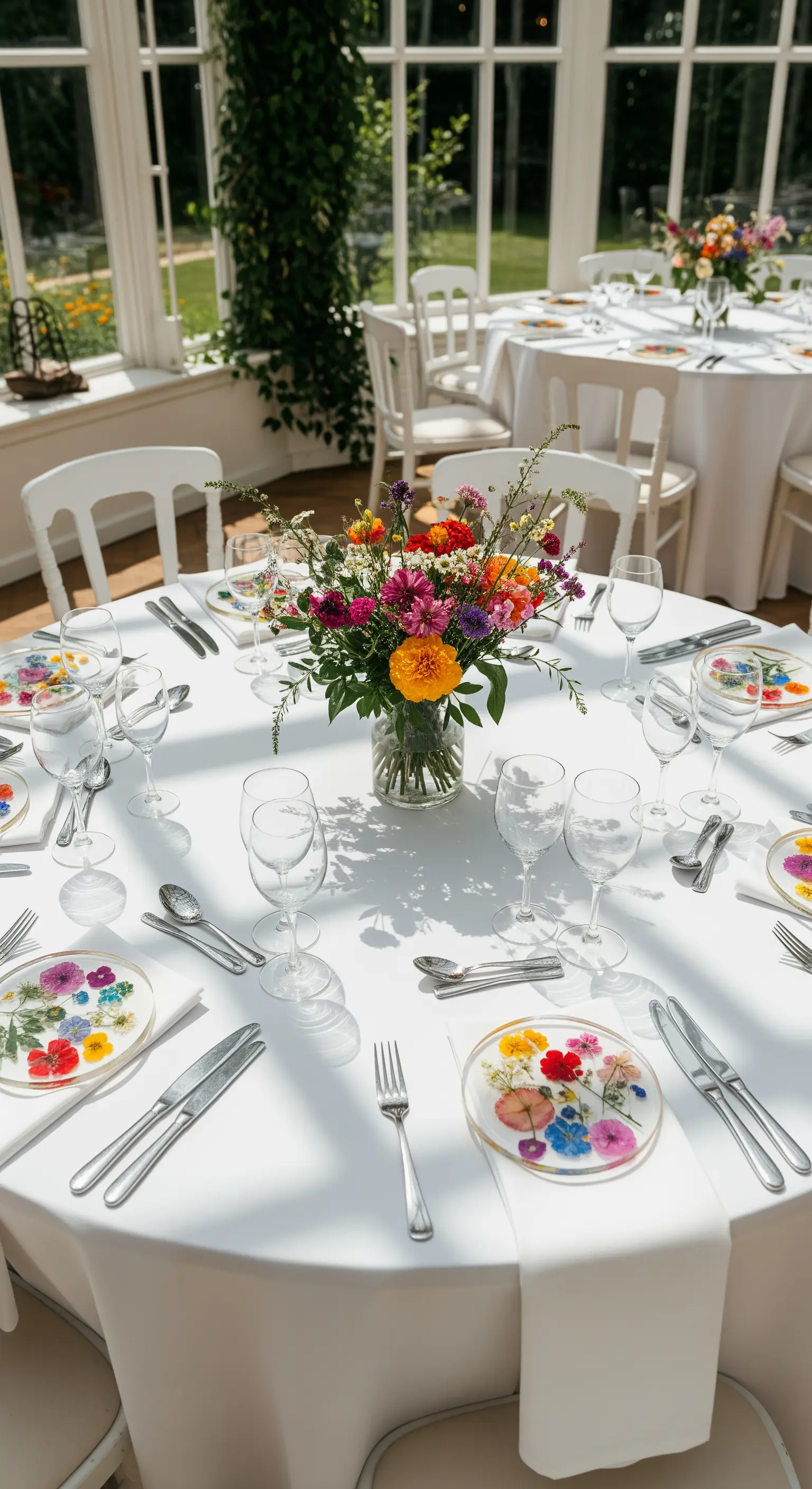 Tavola nuziale con sottobicchieri in resina trasparente con fiori pressati colorati.