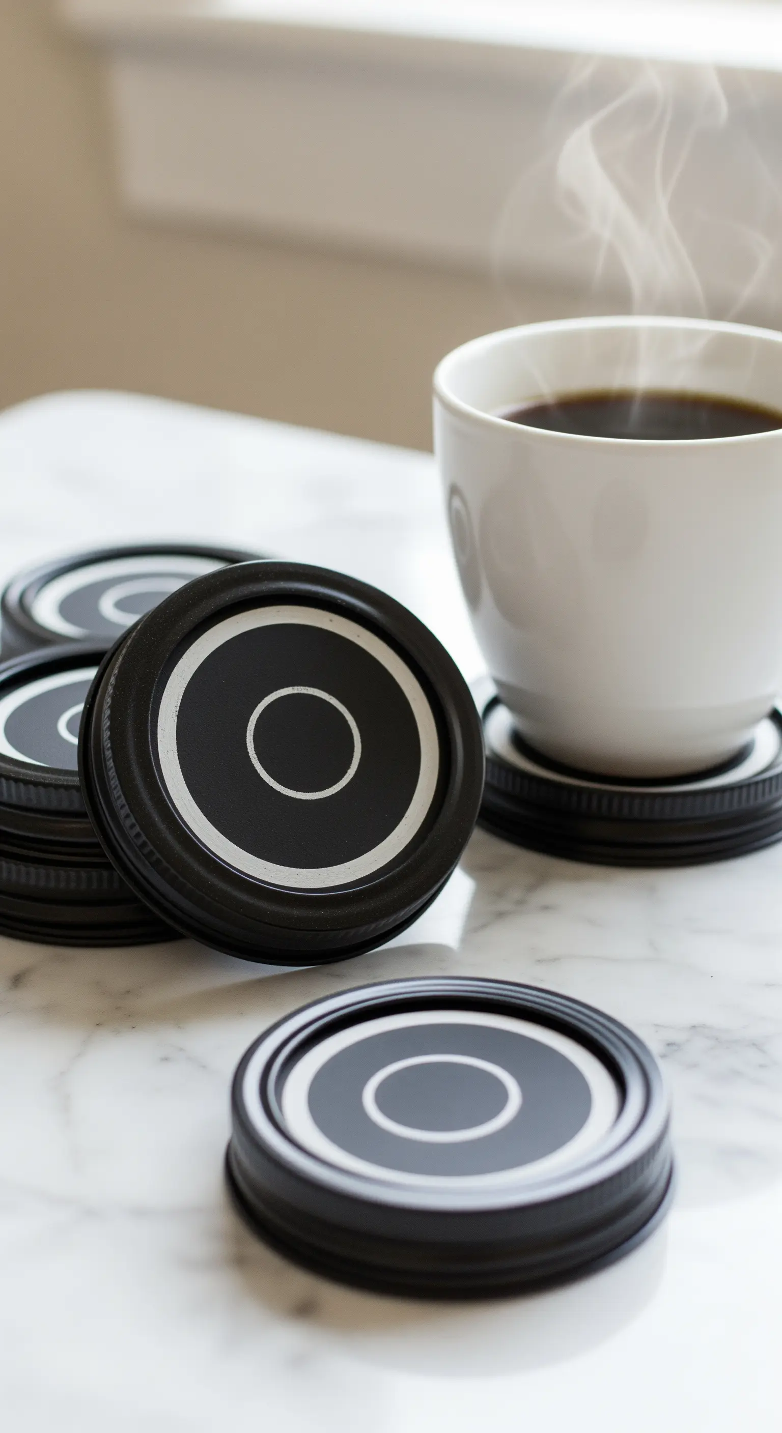 Coperchi di barattoli verniciati di nero e decorati con cerchi bianchi, usati come sottobicchieri.