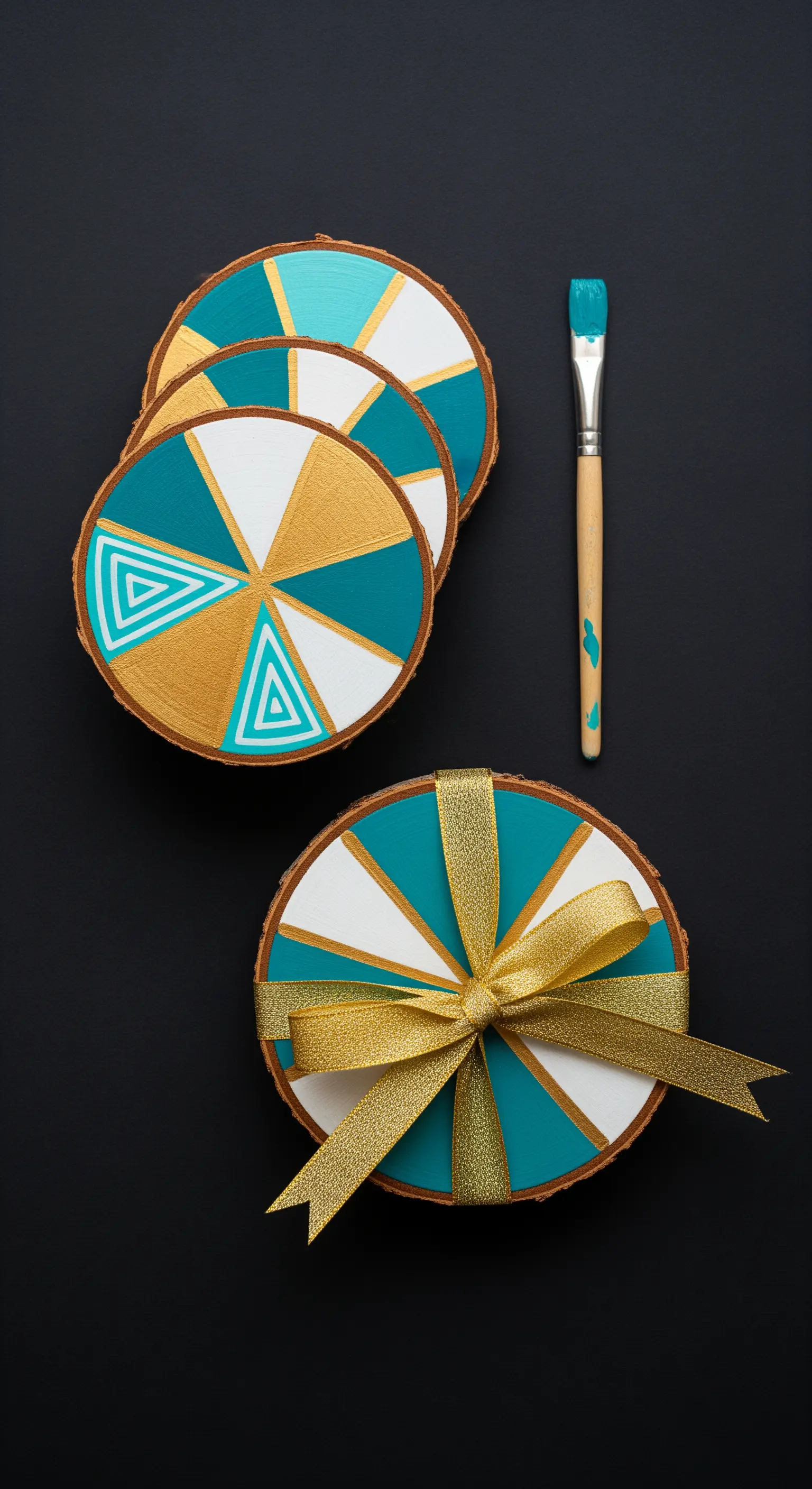 Sottobicchieri rotondi in legno dipinti con motivi geometrici turchesi, bianchi e dorati.