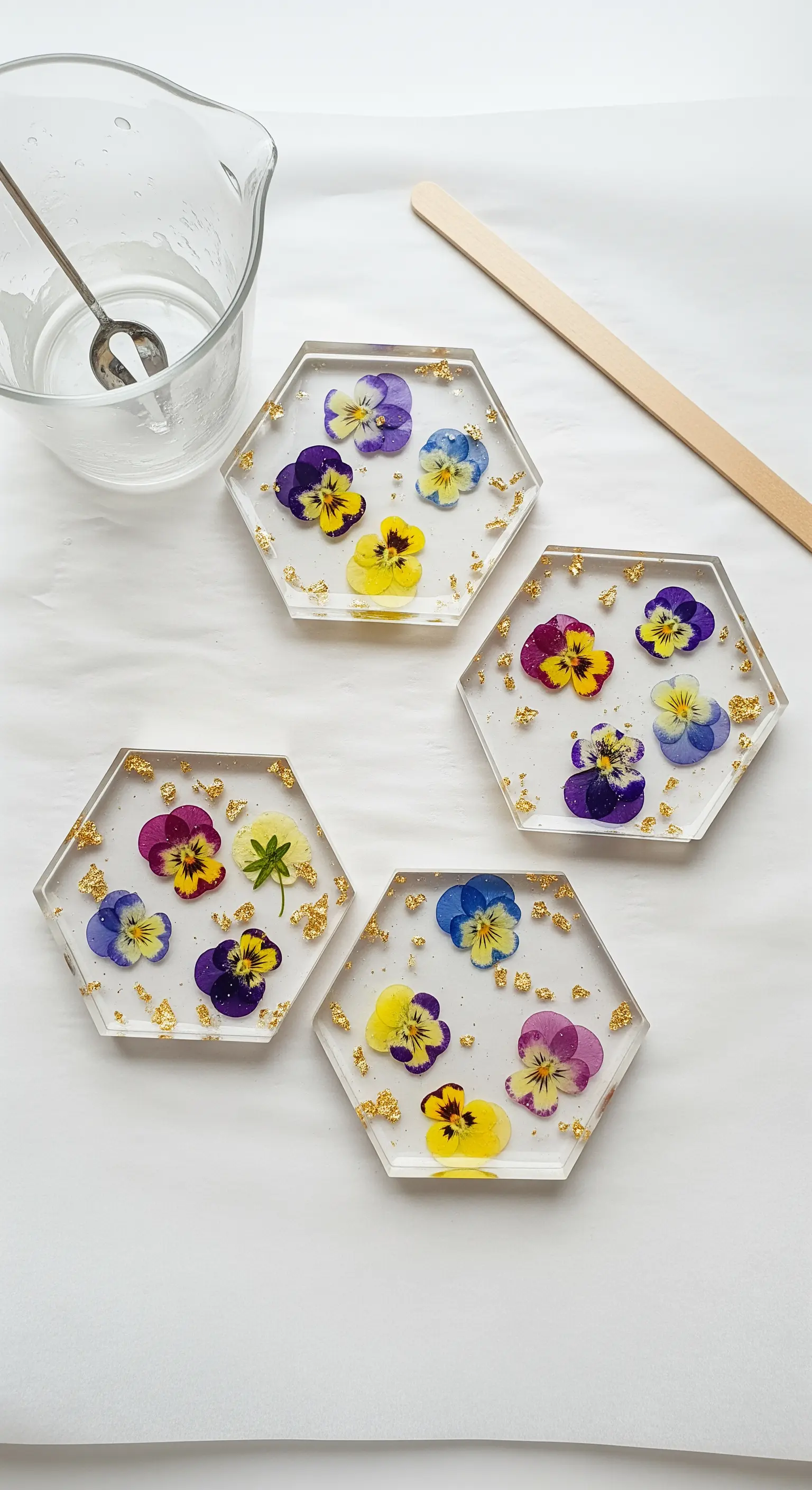 Sottobicchieri esagonali in resina trasparente con viole del pensiero pressate e pagliuzze d'oro.